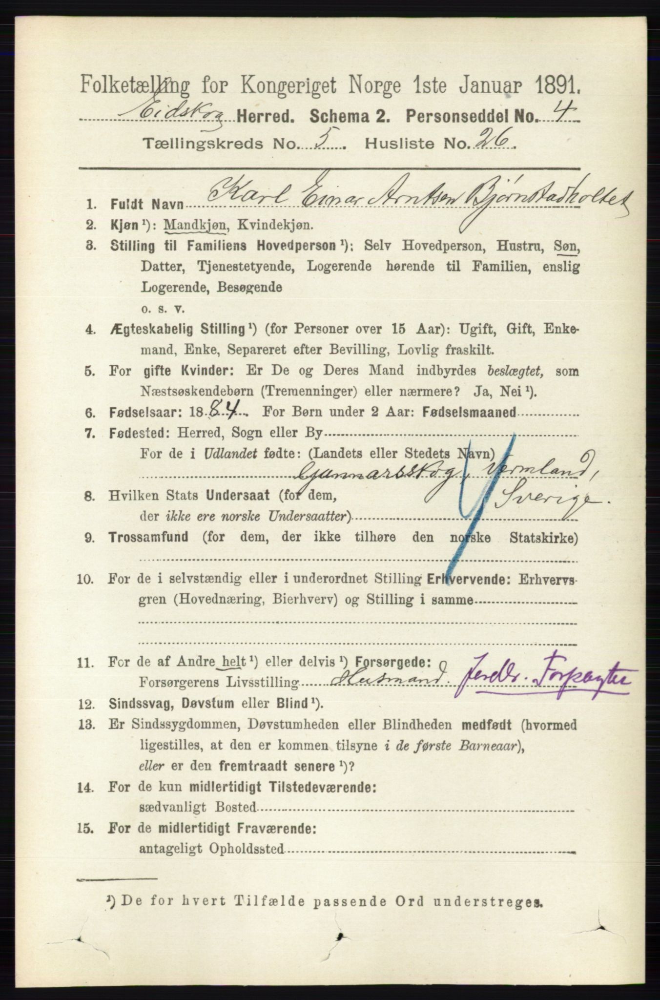 RA, 1891 census for 0420 Eidskog, 1891, p. 2216