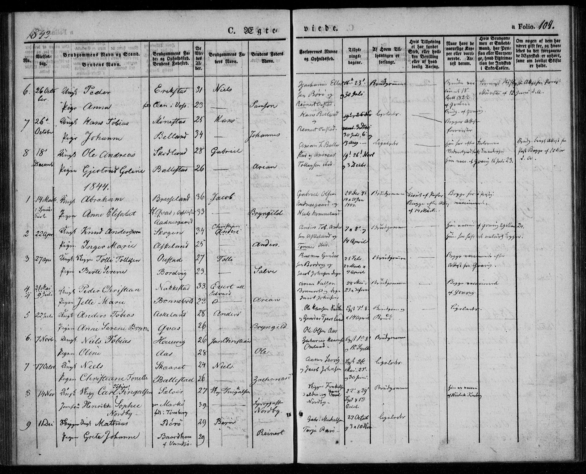 Lyngdal sokneprestkontor, SAK/1111-0029/F/Fa/Faa/L0001: Parish register (official) no. A 1, 1837-1857, p. 104