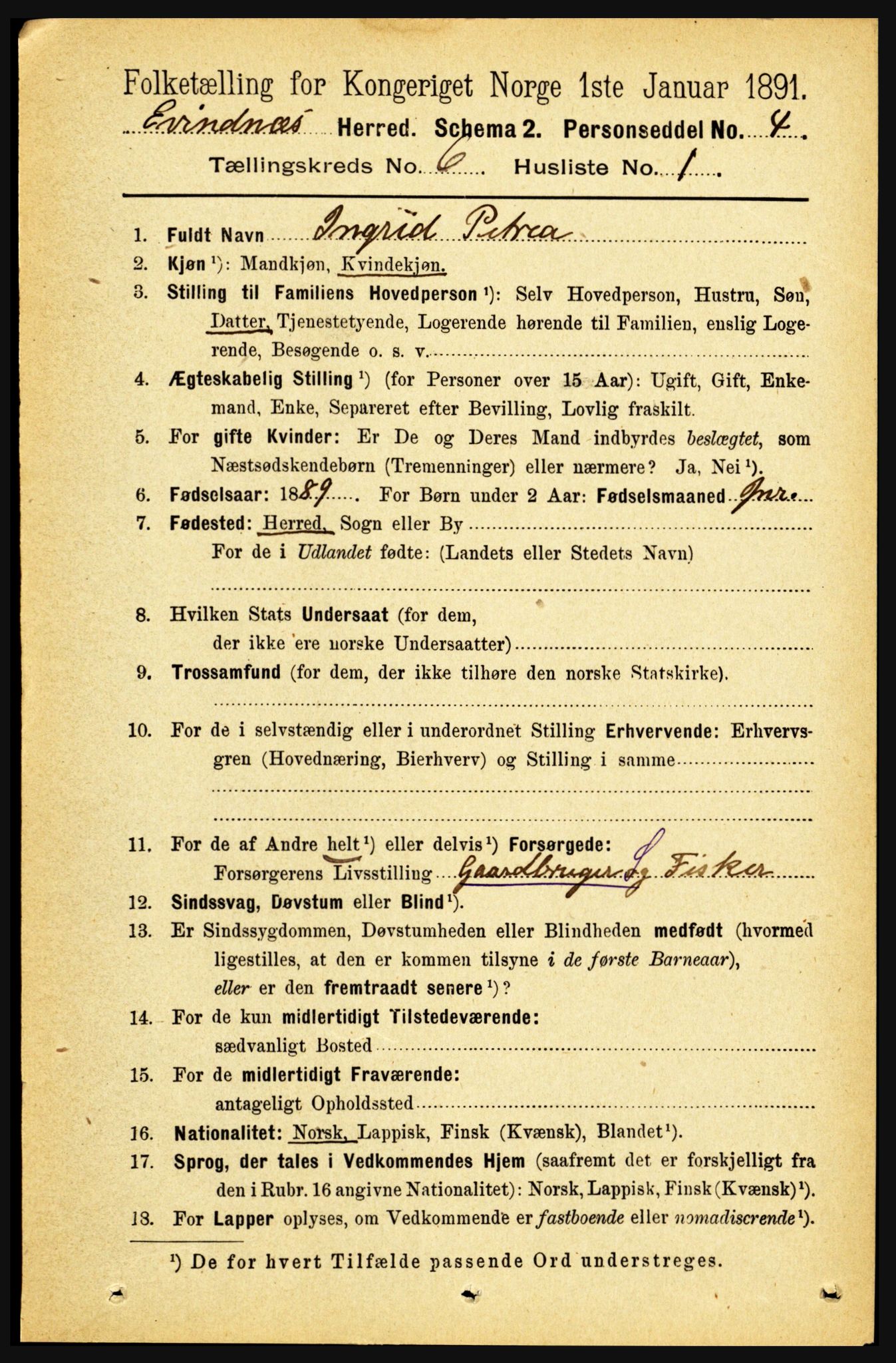 RA, 1891 census for 1853 Evenes, 1891, p. 1924