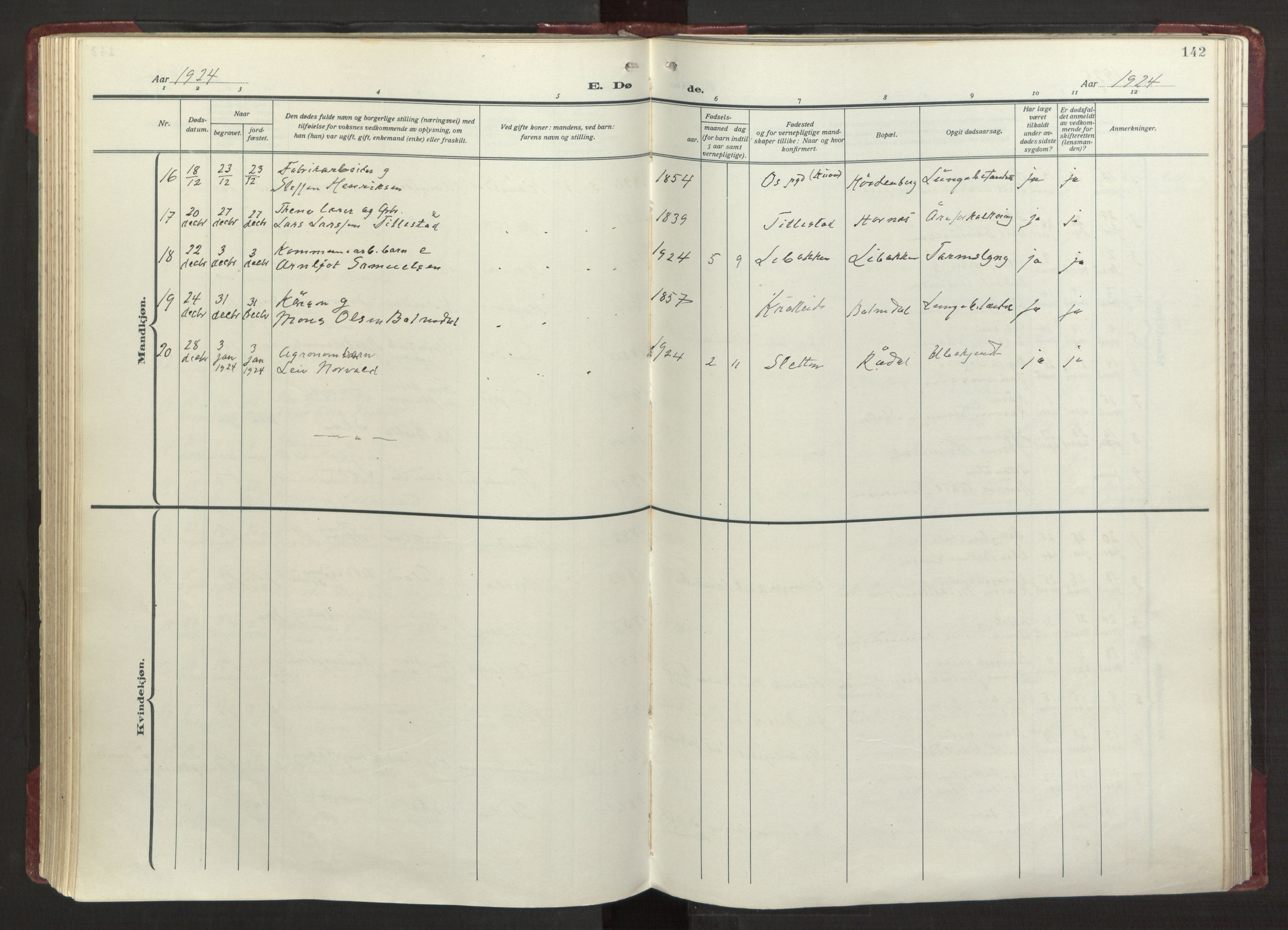 Fana Sokneprestembete, AV/SAB-A-75101/H/Haa/Haab/L0006: Parish register (official) no. B 6, 1923-1967, p. 142