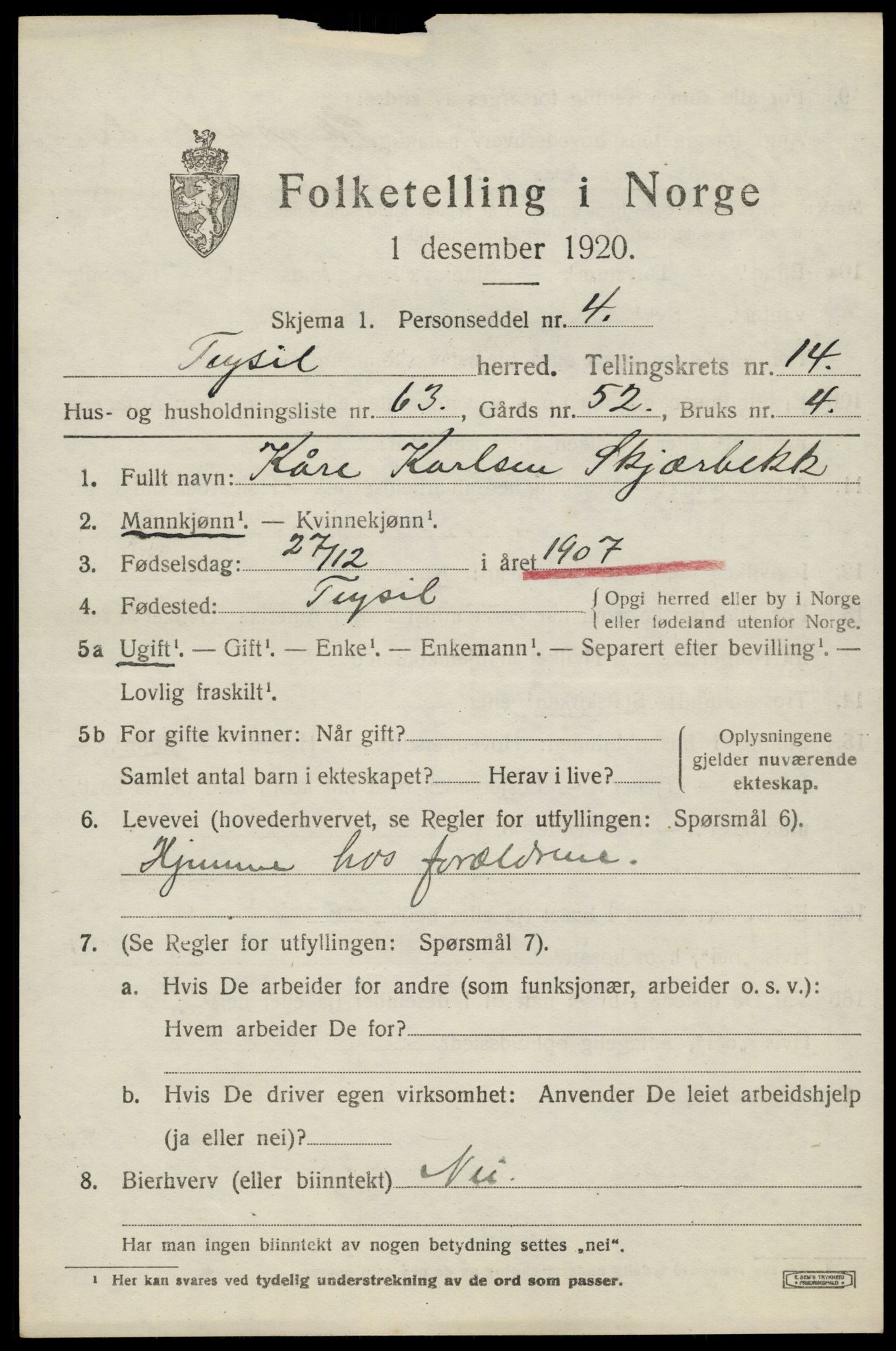 SAH, 1920 census for Trysil, 1920, p. 8695