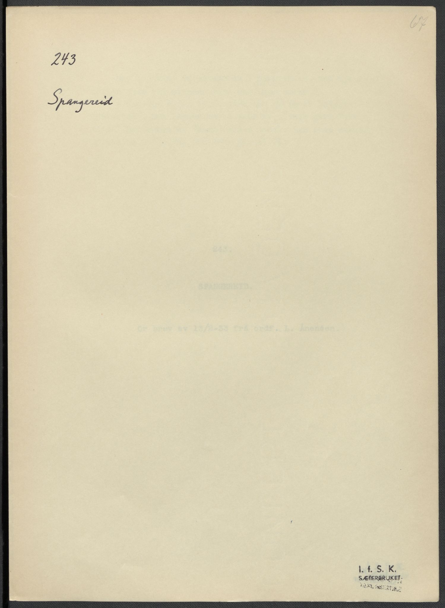 Instituttet for sammenlignende kulturforskning, AV/RA-PA-0424/F/Fc/L0008/0003: Eske B8: / Vest-Agder (perm XXI), 1932-1935, p. 67