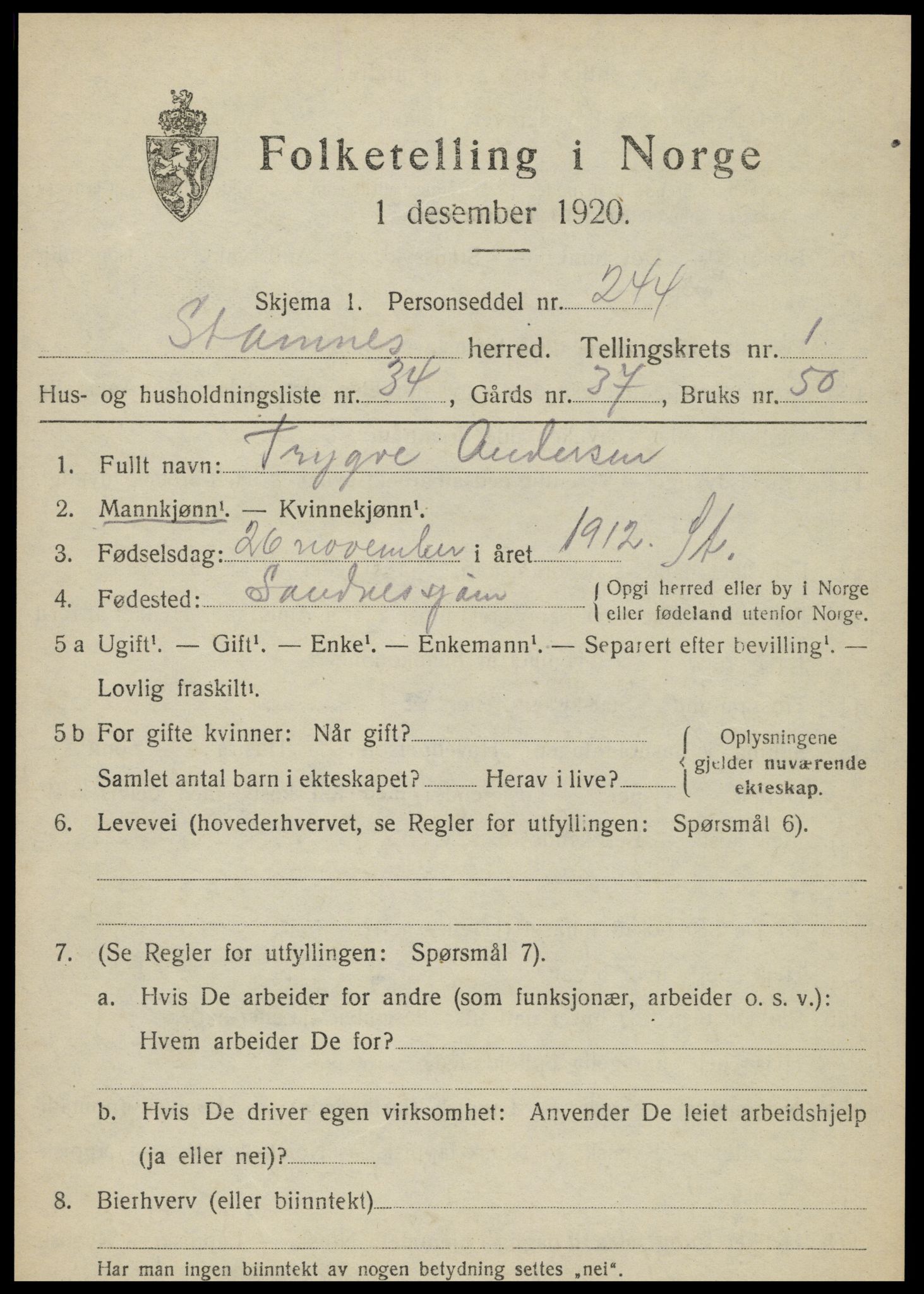 SAT, 1920 census for Stamnes, 1920, p. 1054