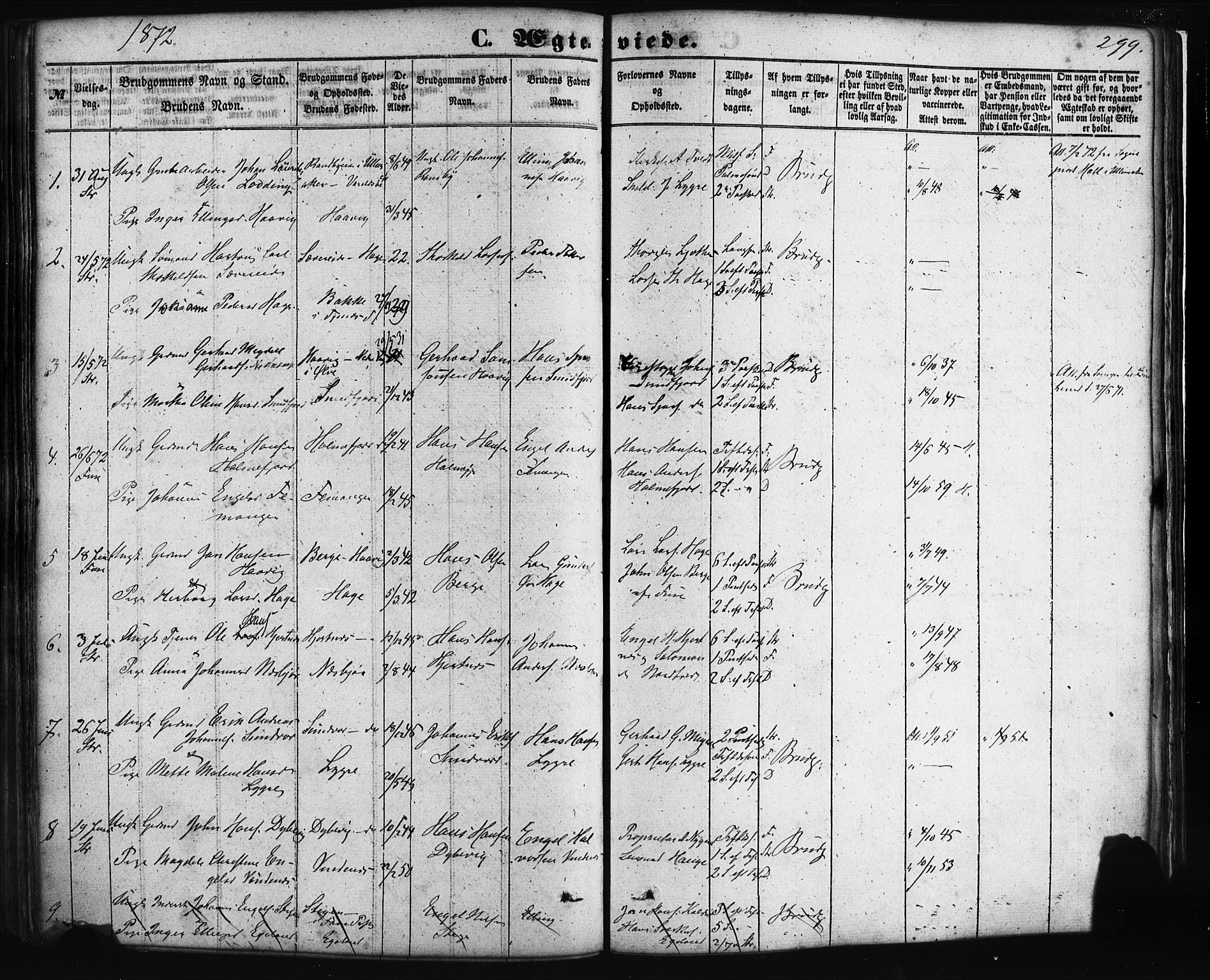 Fusa sokneprestembete, AV/SAB-A-75401/H/Haa: Parish register (official) no. A 1I, 1855-1879, p. 299