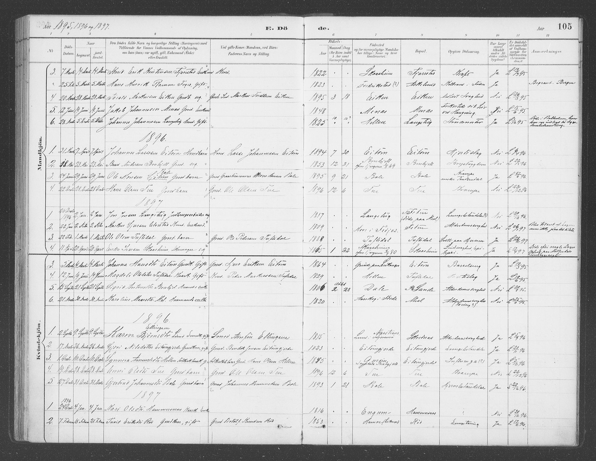 Balestrand sokneprestembete, SAB/A-79601/H/Haa/Haab/L0001: Parish register (official) no. B  1, 1889-1910, p. 105