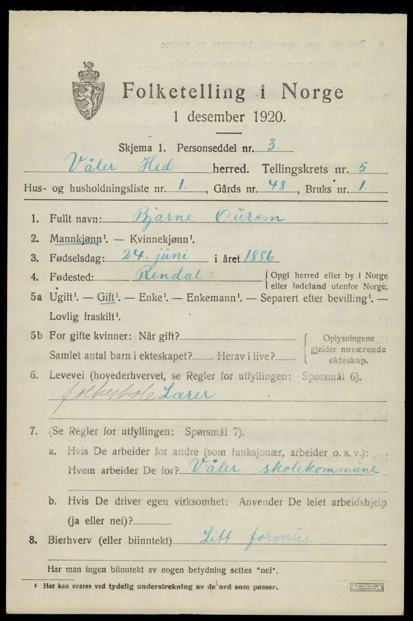 SAH, 1920 census for Våler (Hedmark), 1920, p. 5511