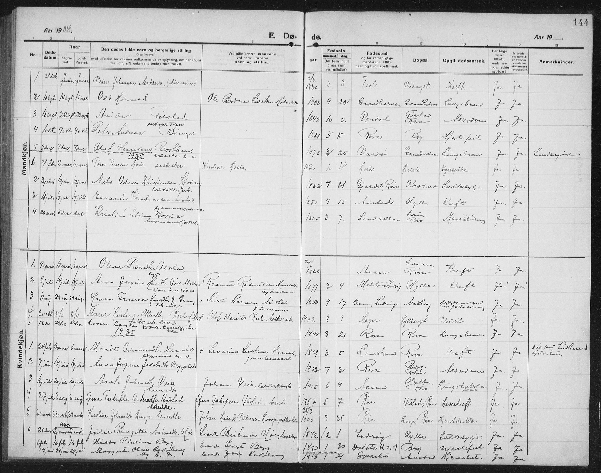 Ministerialprotokoller, klokkerbøker og fødselsregistre - Nord-Trøndelag, AV/SAT-A-1458/731/L0312: Parish register (copy) no. 731C03, 1911-1935, p. 144