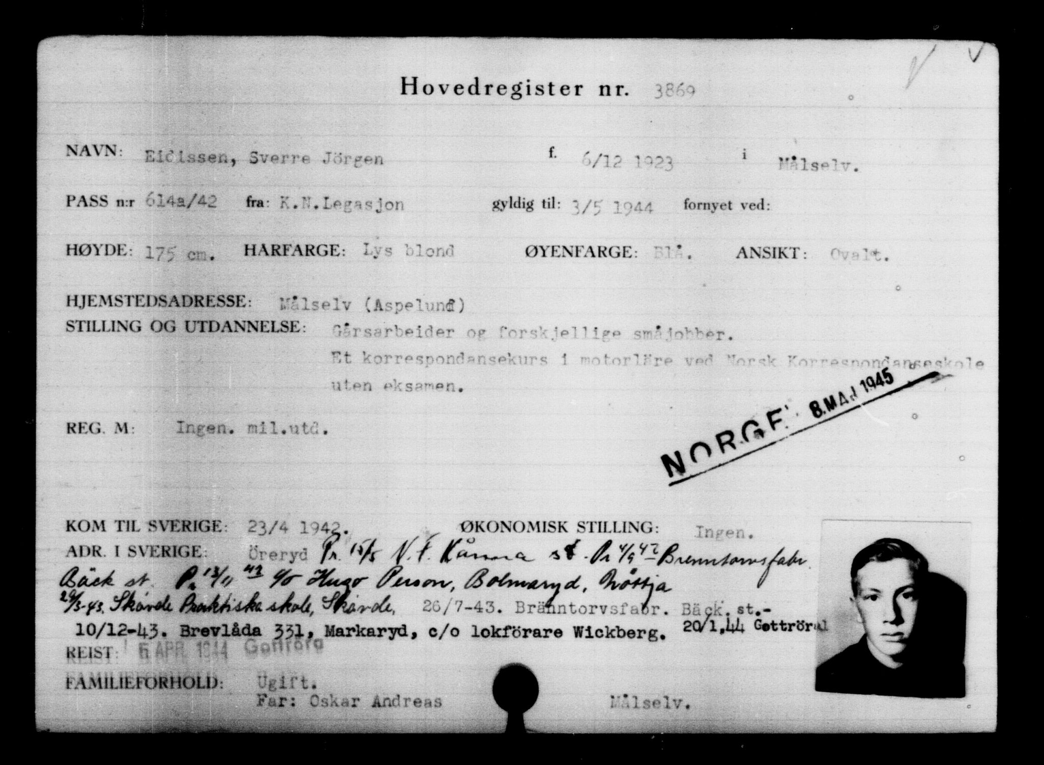Utenriksstasjonene, Legasjonen i Stockholm, Flyktningkontoret, AV/RA-S-6753/V/Va/L0004: Kjesäterkartoteket, flyktninger med registreringsnr. 3496-6610, 1940-1945, p. 434
