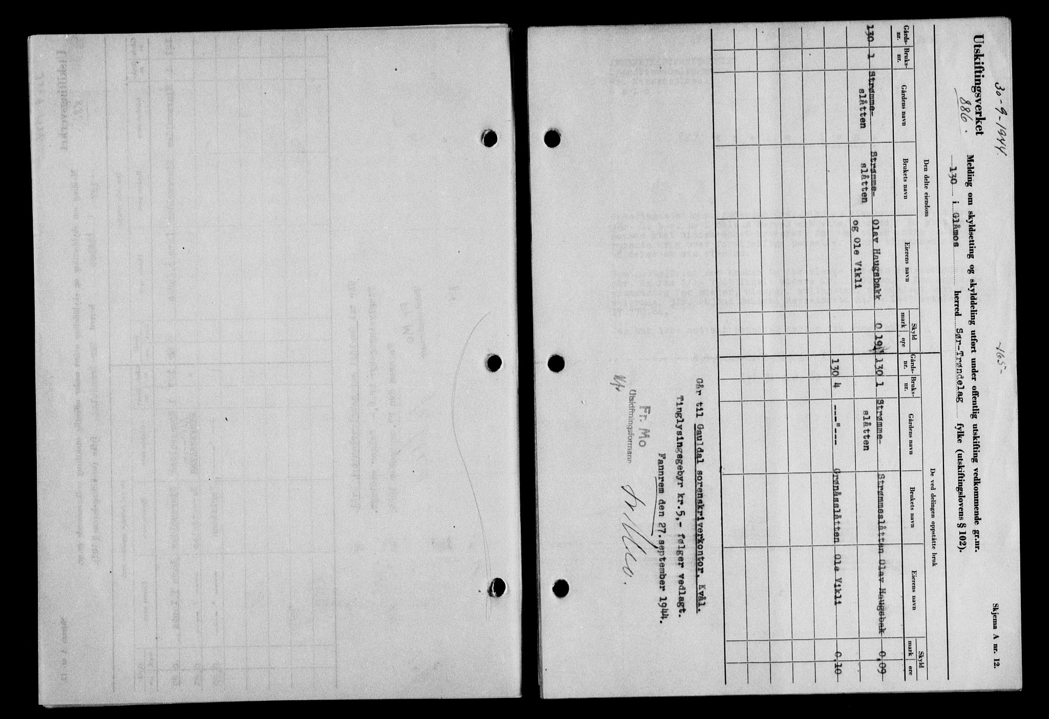 Gauldal sorenskriveri, SAT/A-0014/1/2/2C/L0058: Mortgage book no. 63, 1944-1945, Diary no: : 886/1944