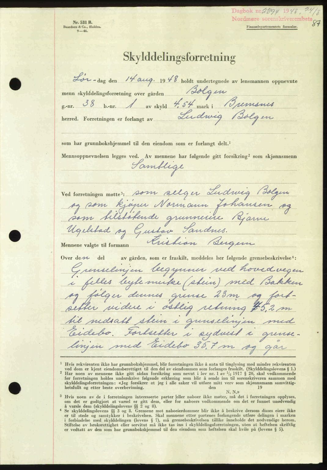 Nordmøre sorenskriveri, AV/SAT-A-4132/1/2/2Ca: Mortgage book no. A109, 1948-1948, Diary no: : 2394/1948