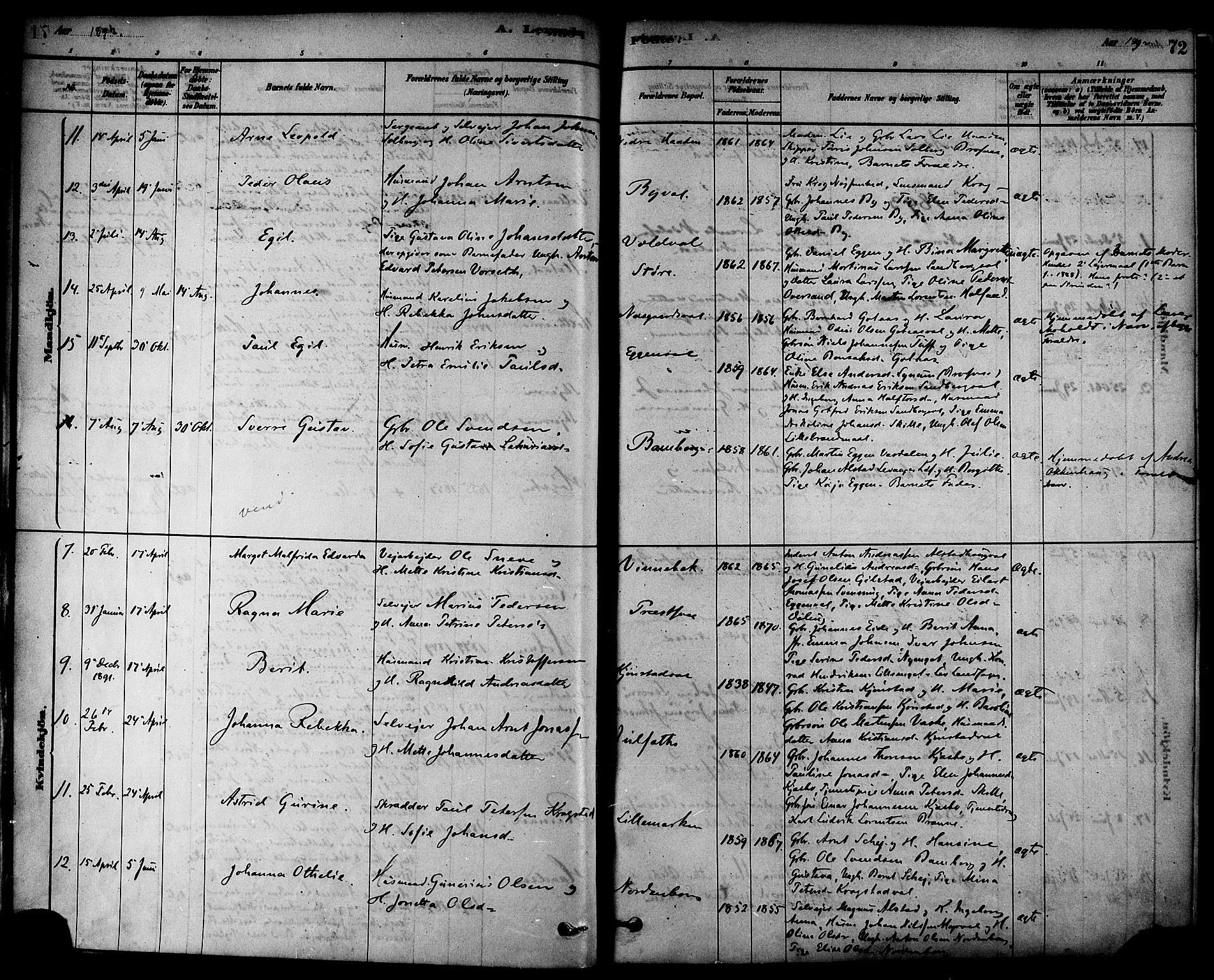 Ministerialprotokoller, klokkerbøker og fødselsregistre - Nord-Trøndelag, AV/SAT-A-1458/717/L0159: Parish register (official) no. 717A09, 1878-1898, p. 72