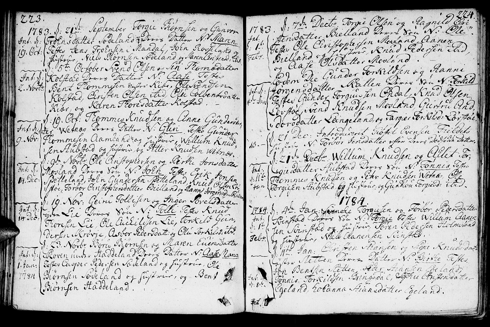 Holum sokneprestkontor, SAK/1111-0022/F/Fa/Faa/L0003: Parish register (official) no. A 3, 1780-1821, p. 223-224