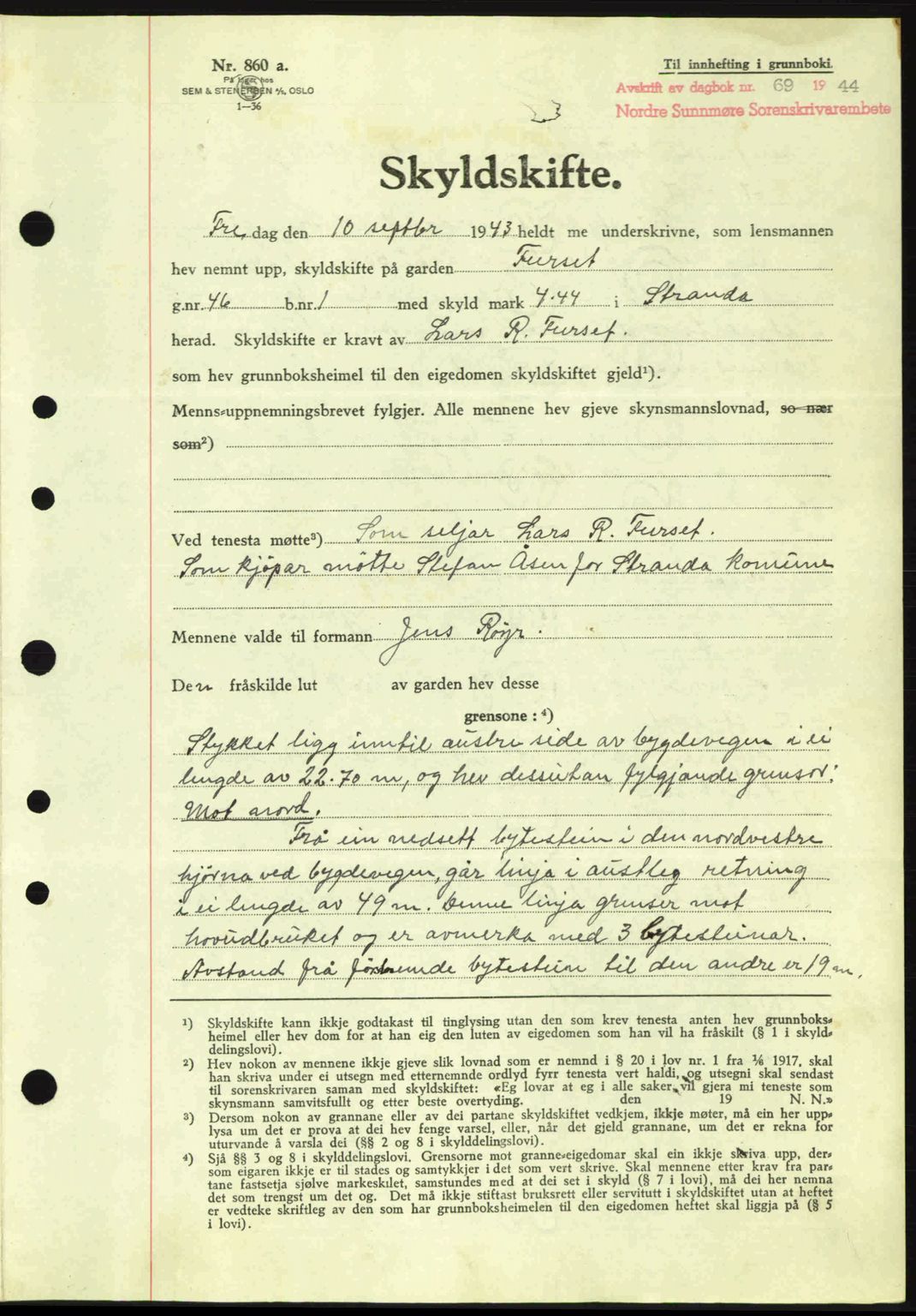 Nordre Sunnmøre sorenskriveri, AV/SAT-A-0006/1/2/2C/2Ca: Mortgage book no. A17, 1943-1944, Diary no: : 69/1944