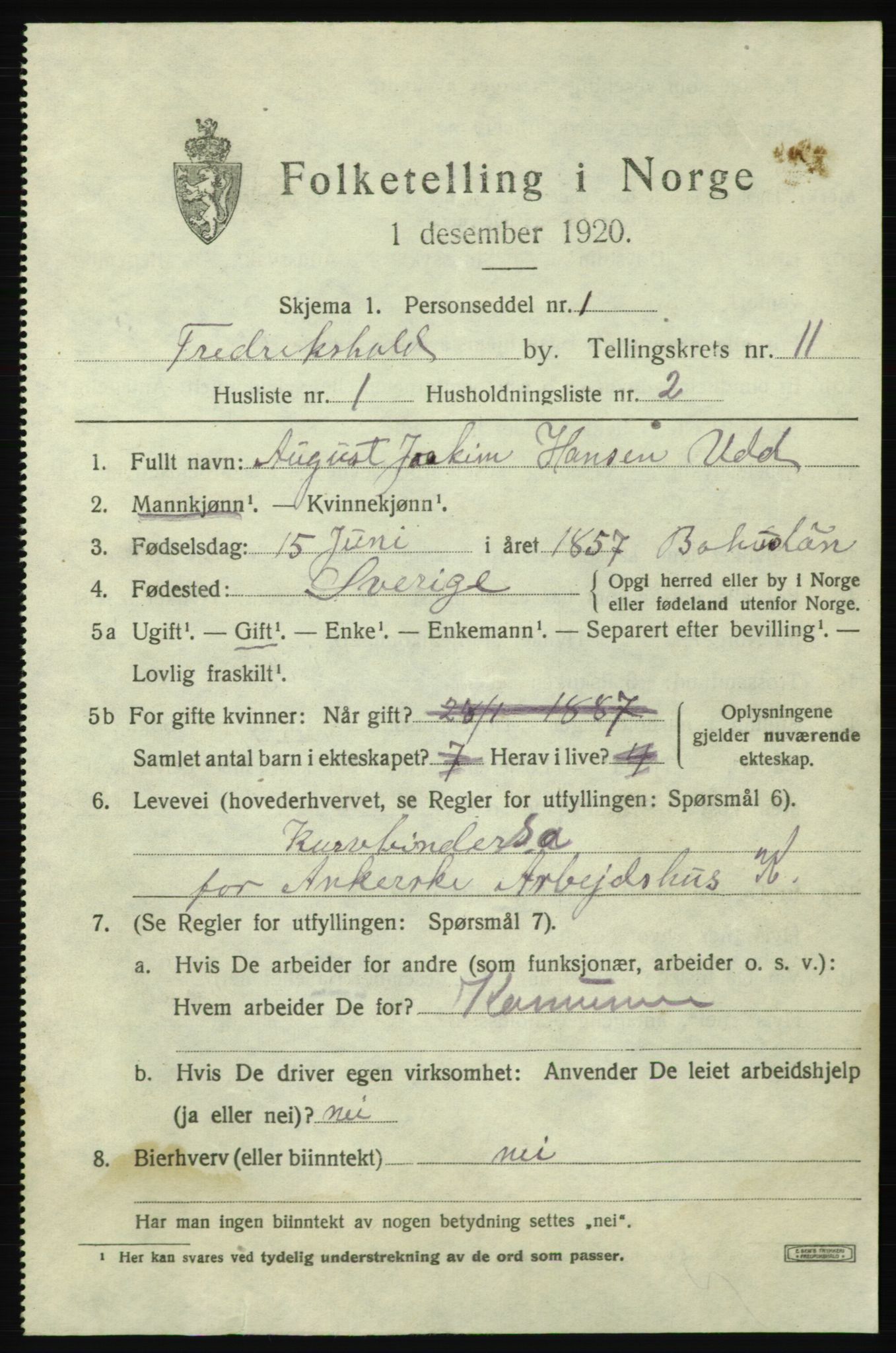 SAO, 1920 census for Fredrikshald, 1920, p. 18733