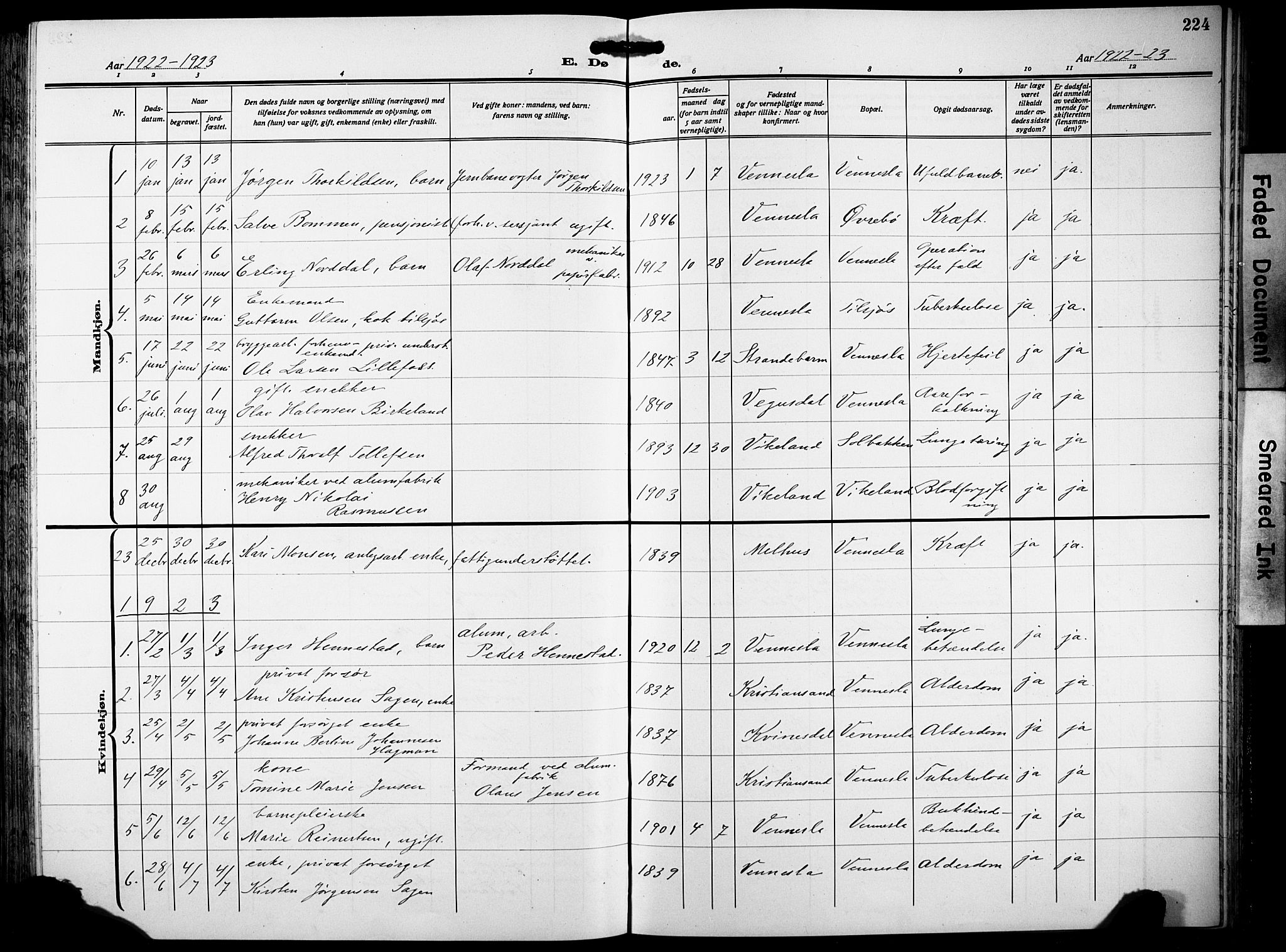 Vennesla sokneprestkontor, AV/SAK-1111-0045/Fb/Fbb/L0007: Parish register (copy) no. B 7, 1922-1933, p. 224