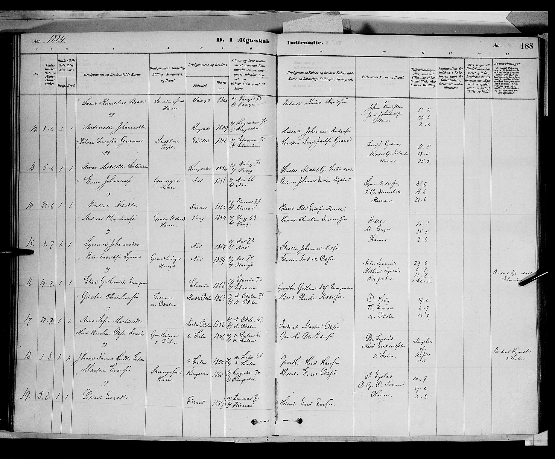 Vang prestekontor, Hedmark, AV/SAH-PREST-008/H/Ha/Haa/L0016: Parish register (official) no. 16, 1878-1889, p. 188