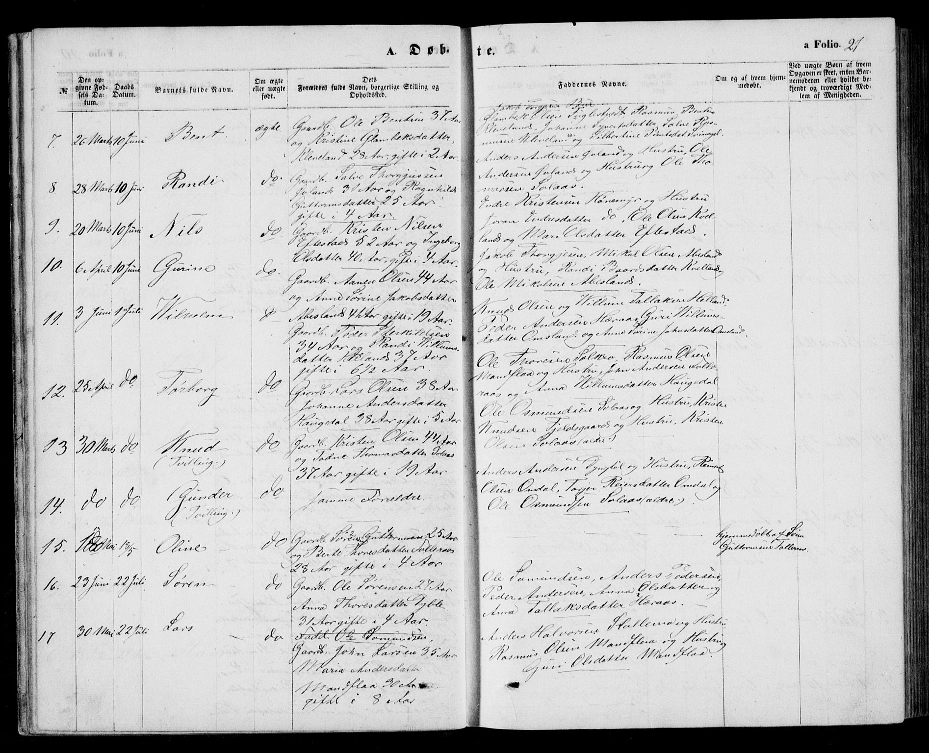 Bjelland sokneprestkontor, SAK/1111-0005/F/Fb/Fbb/L0004: Parish register (copy) no. B 4, 1867-1887, p. 21