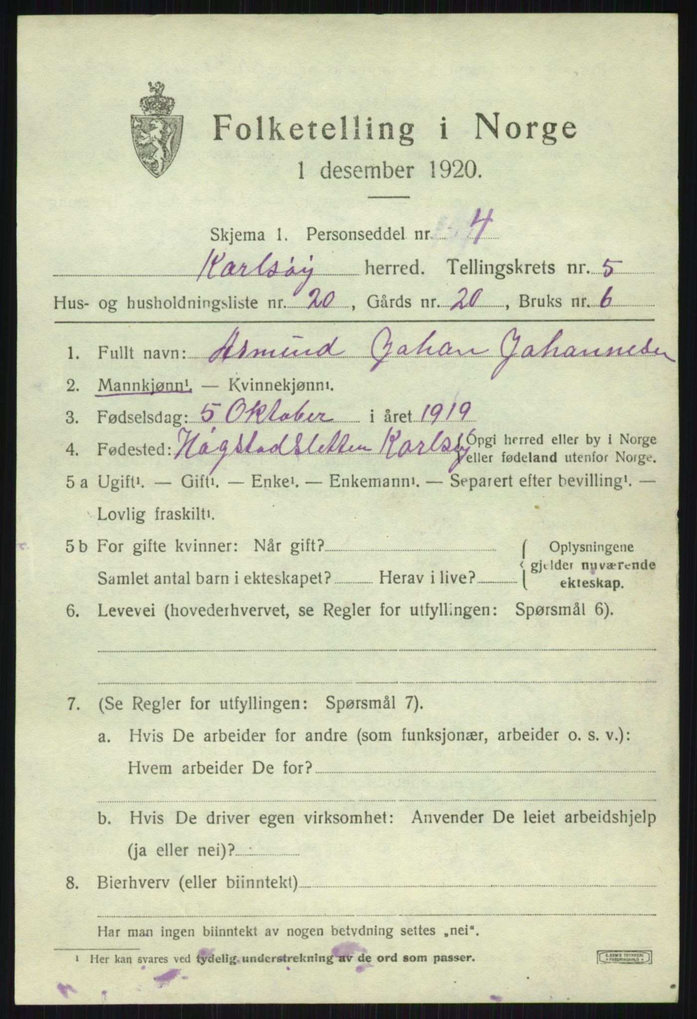 SATØ, 1920 census for Karlsøy, 1920, p. 2451