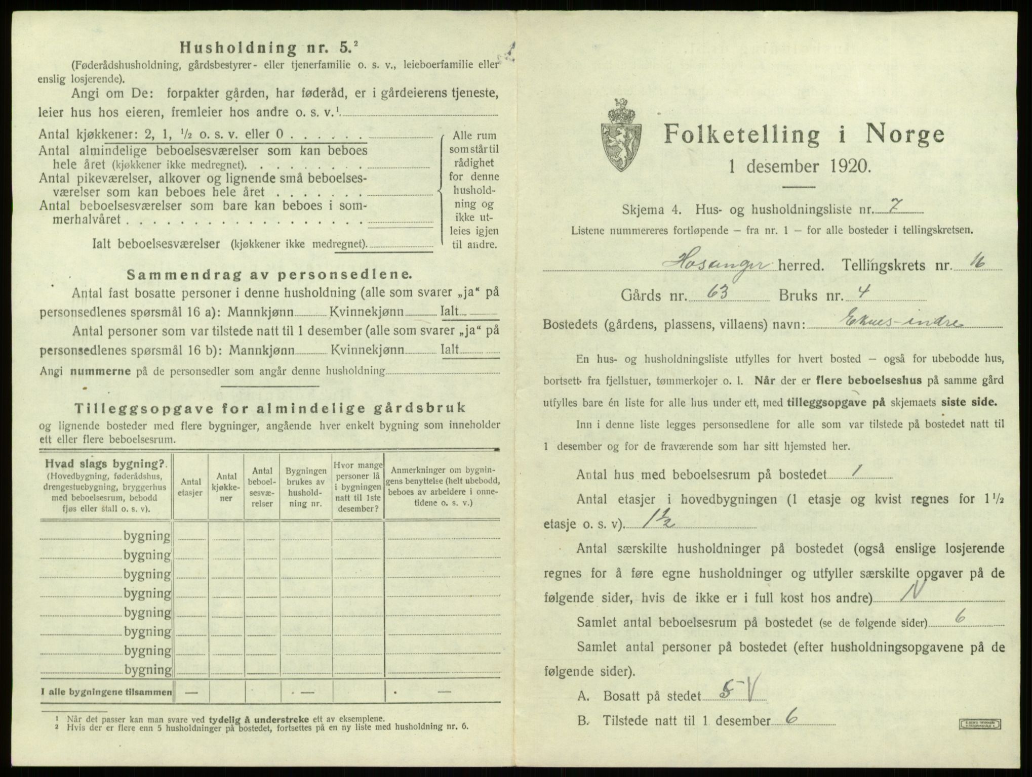SAB, 1920 census for Hosanger, 1920, p. 836