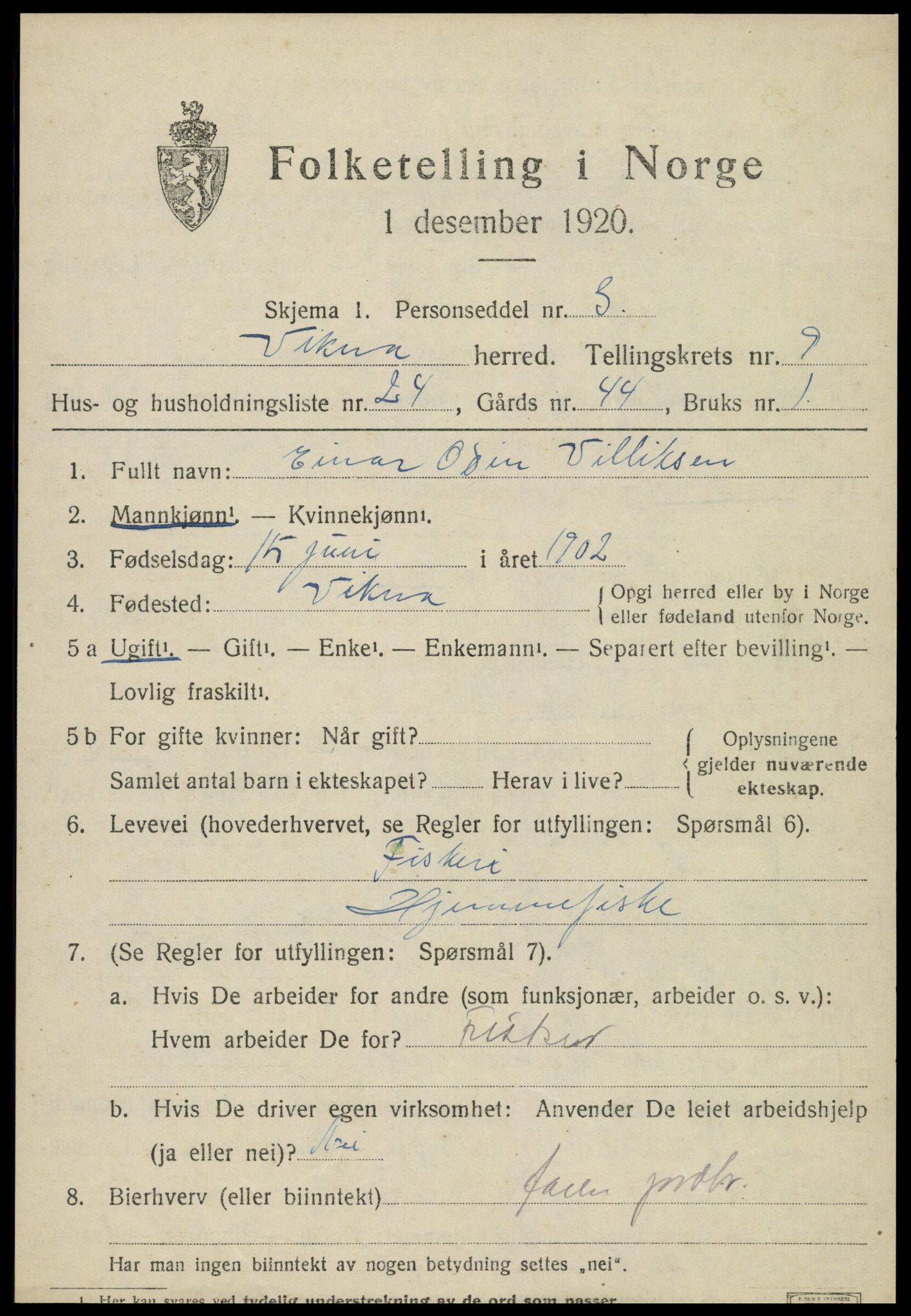 SAT, 1920 census for Vikna, 1920, p. 6685