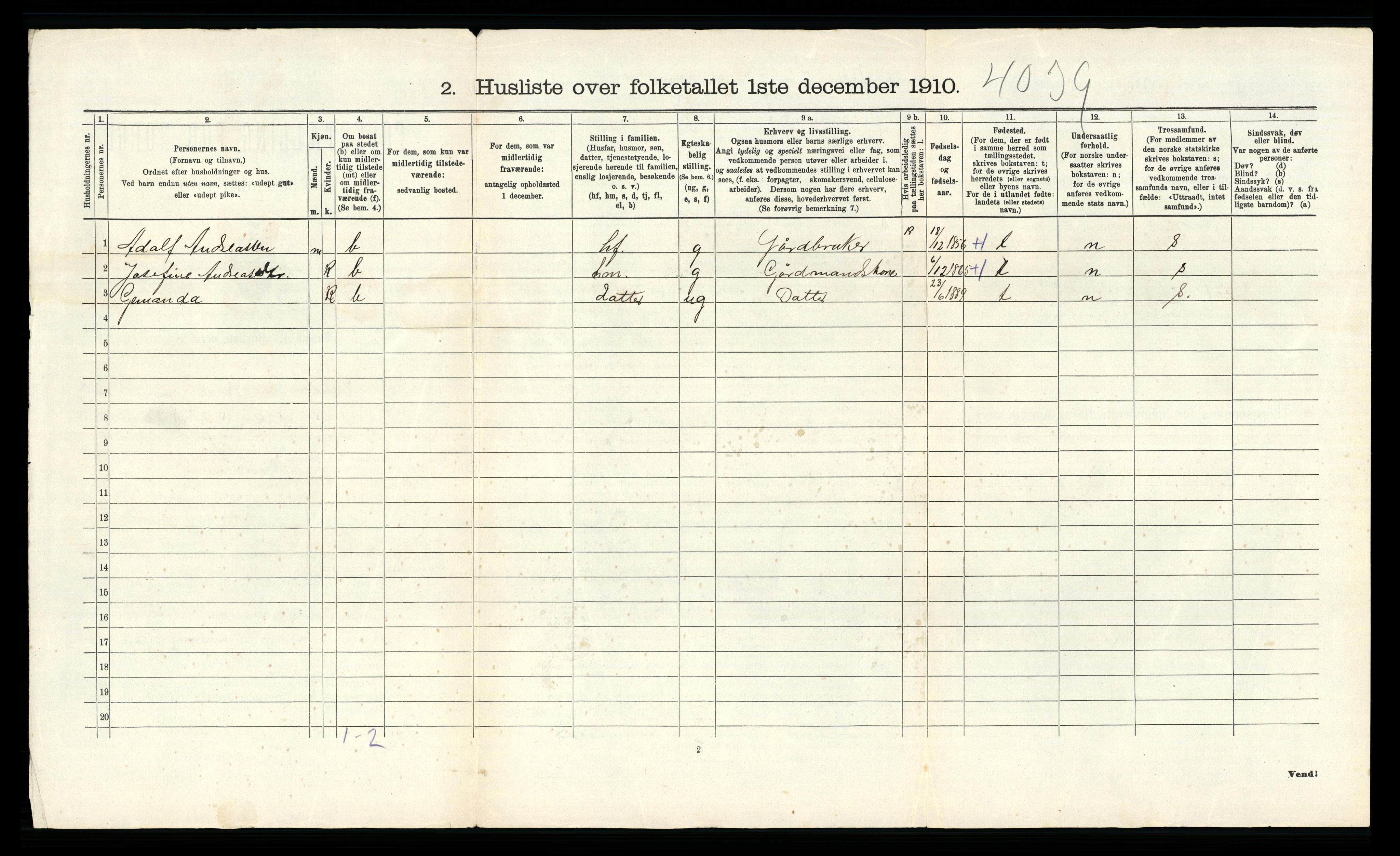 RA, 1910 census for Vanse, 1910, p. 1872