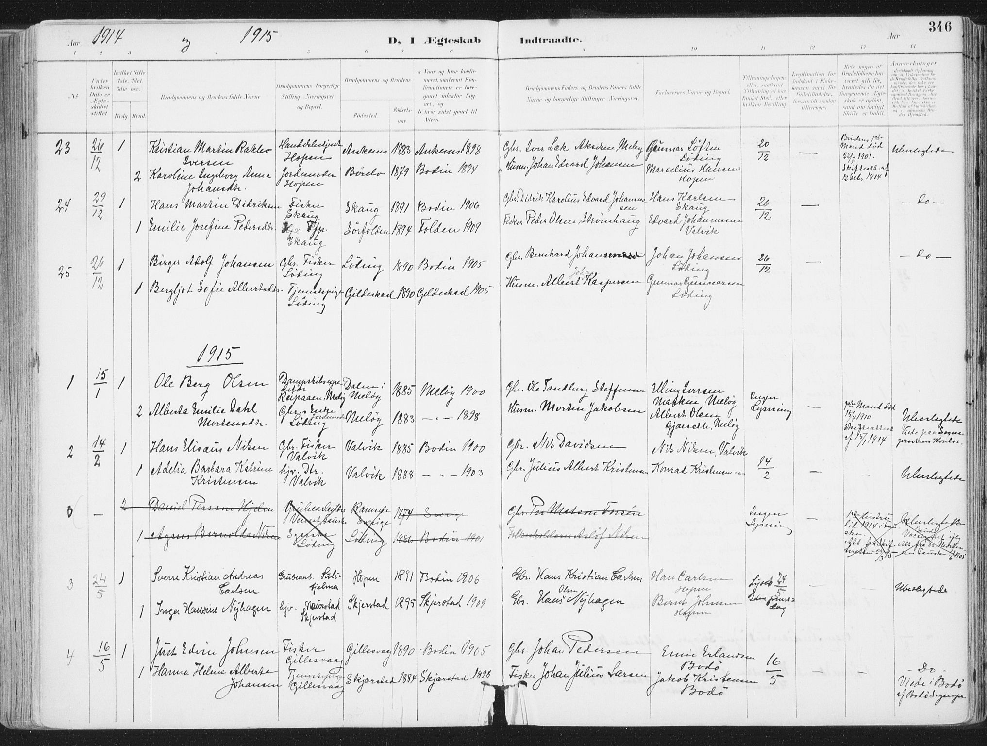 Ministerialprotokoller, klokkerbøker og fødselsregistre - Nordland, SAT/A-1459/802/L0055: Parish register (official) no. 802A02, 1894-1915, p. 346