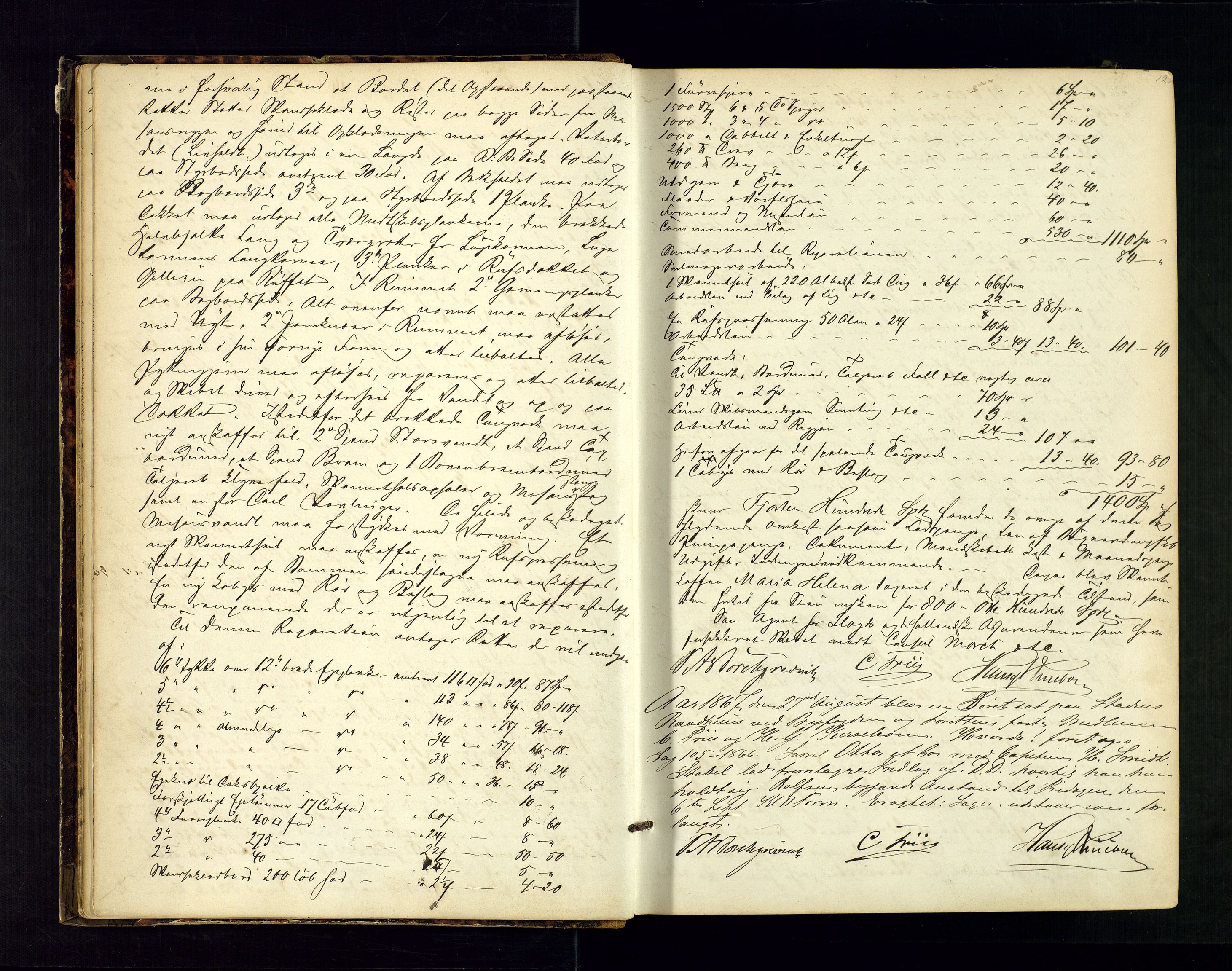 Kristiansand byrett, AV/SAK-1223-0001/F/Fb/L0006: Ekstrarettsprotokoll nr. 6 med register, 1866-1876, p. 12