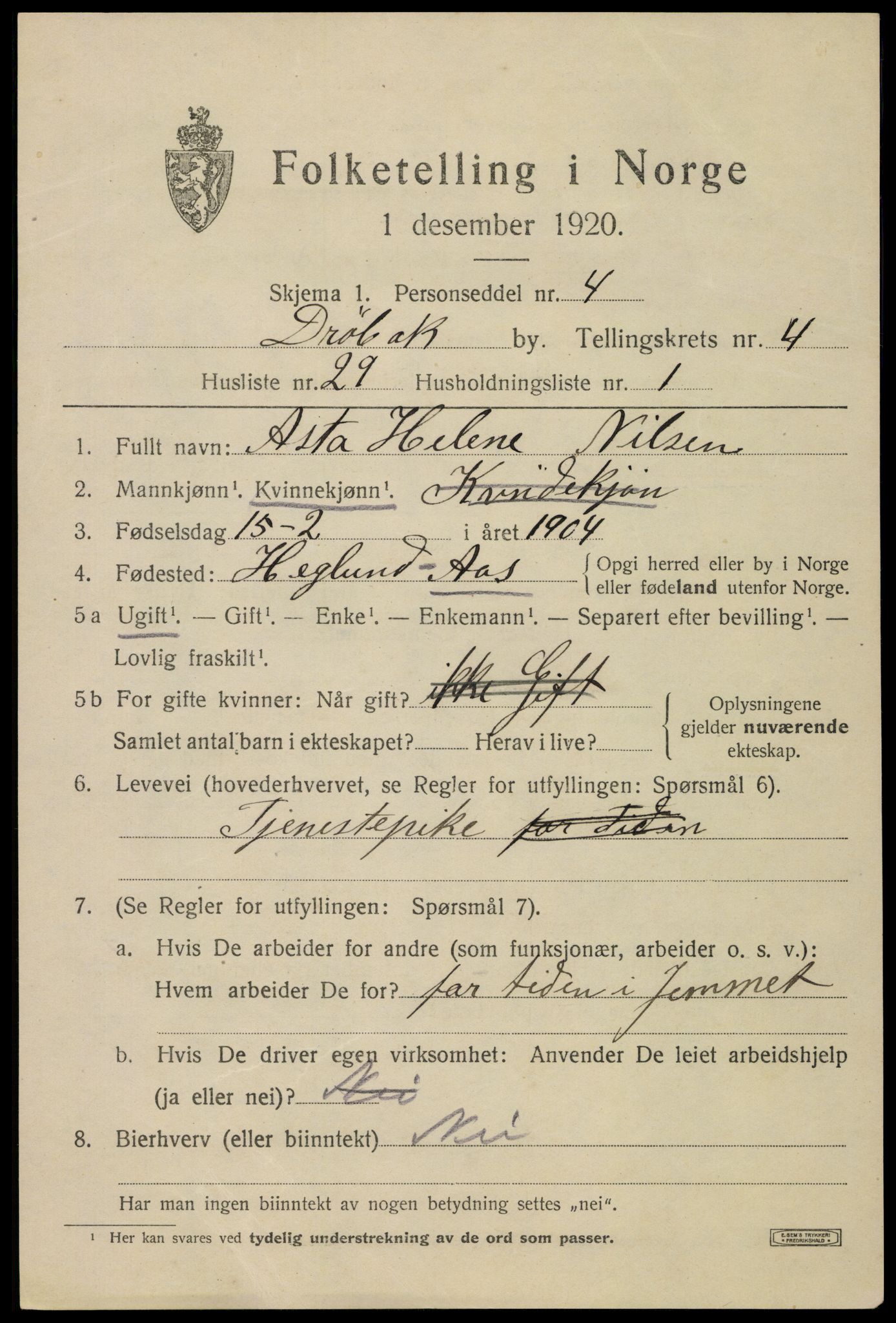 SAO, 1920 census for Drøbak, 1920, p. 4399