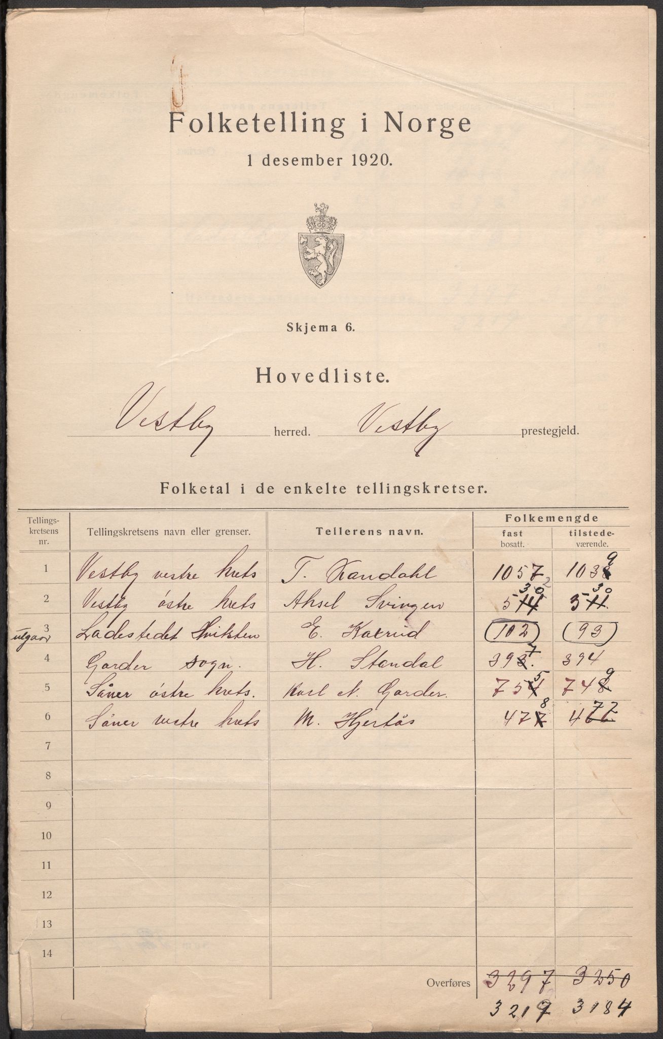 SAO, 1920 census for Vestby, 1920, p. 10