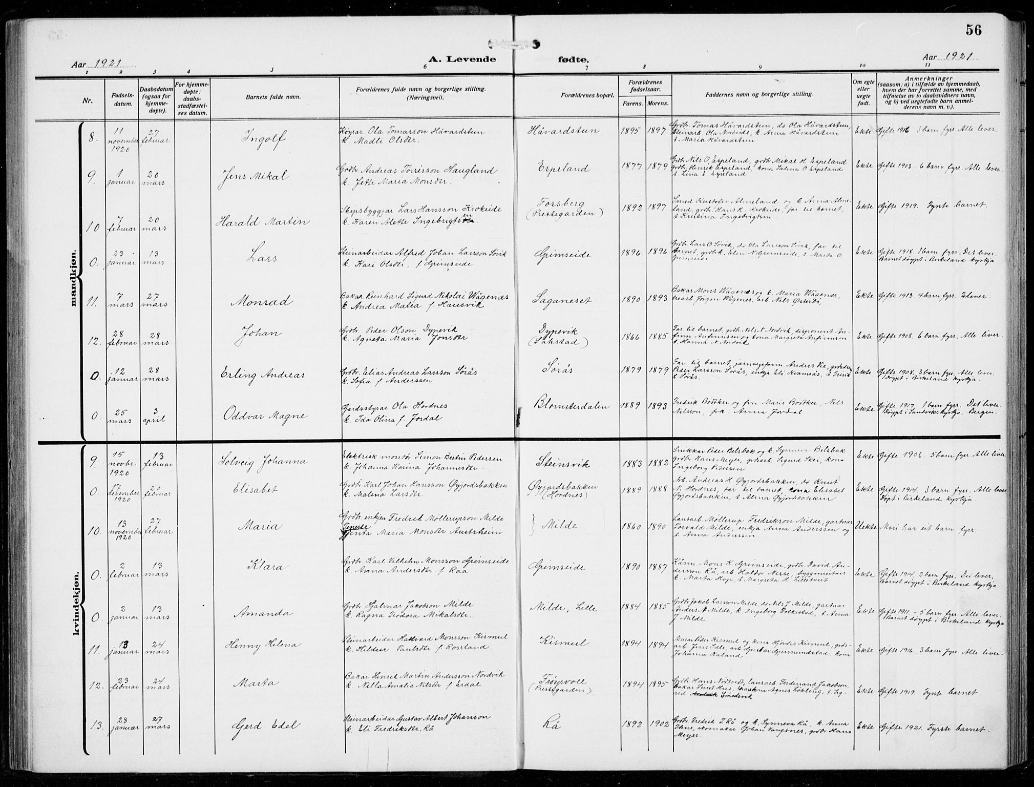 Fana Sokneprestembete, AV/SAB-A-75101/H/Hab/Haba/L0005: Parish register (copy) no. A 5, 1911-1932, p. 56