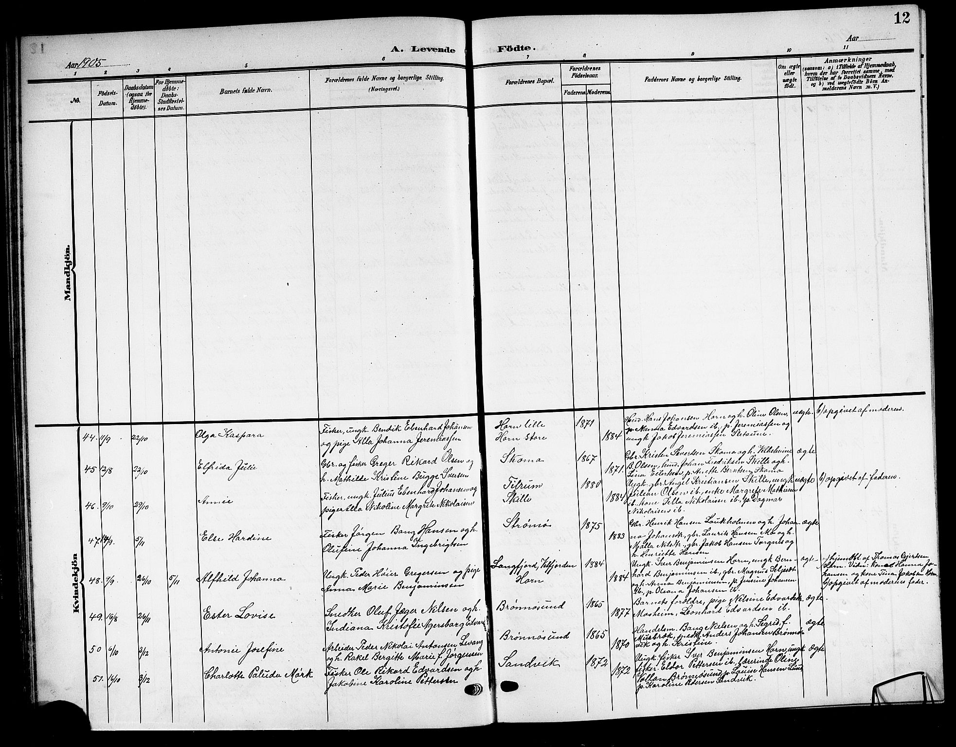 Ministerialprotokoller, klokkerbøker og fødselsregistre - Nordland, SAT/A-1459/813/L0214: Parish register (copy) no. 813C06, 1904-1917, p. 12