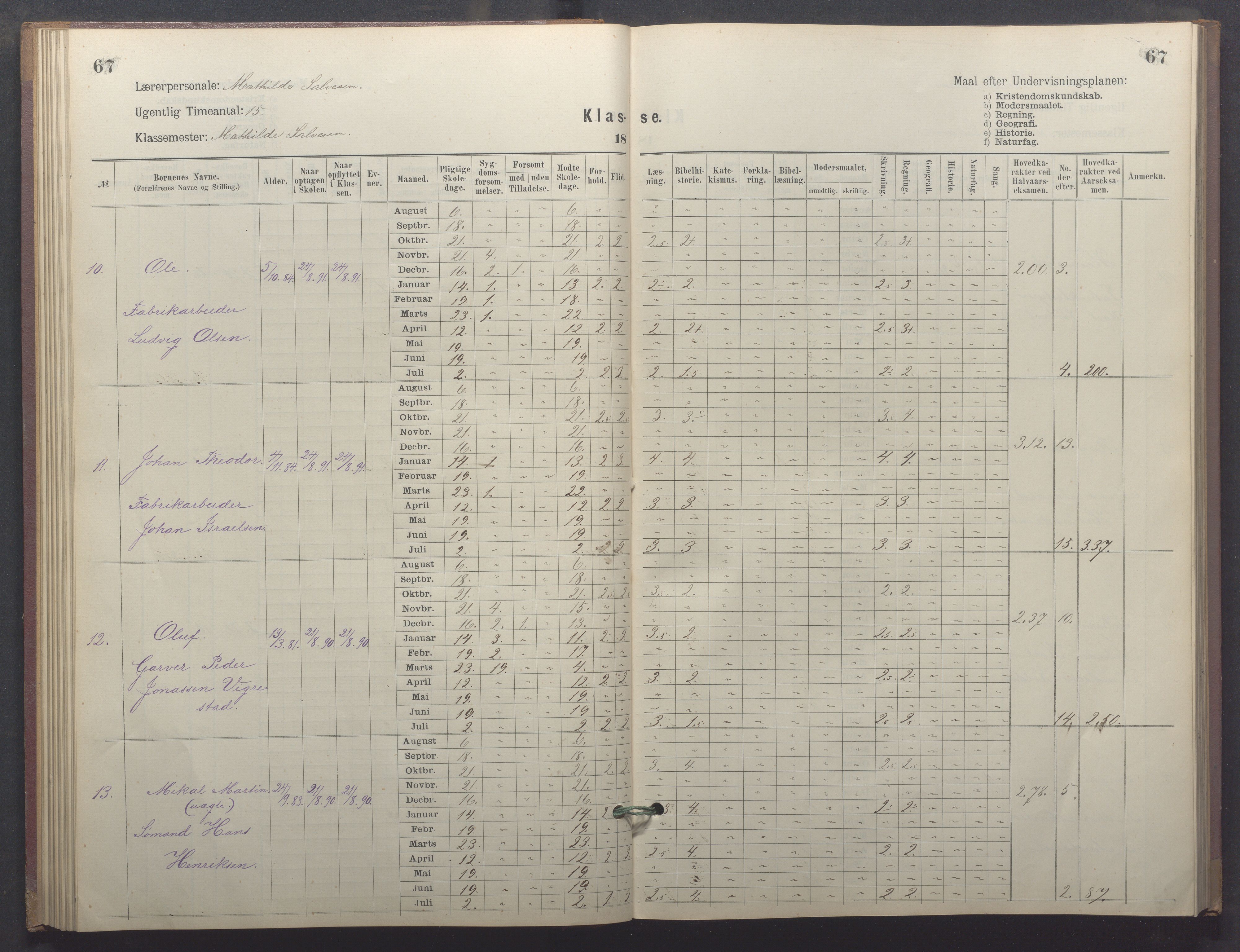 Egersund kommune (Ladested) - Egersund almueskole/folkeskole, IKAR/K-100521/H/L0026: Skoleprotokoll - Almueskolen, 1. klasse, 1889-1893, p. 67