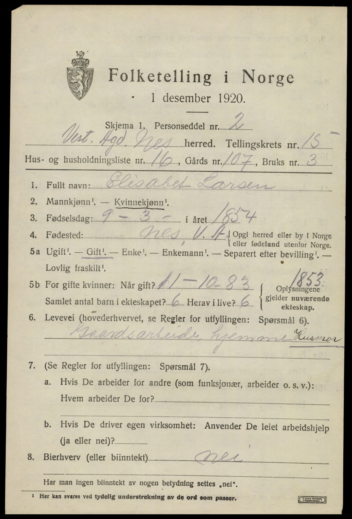 SAK, 1920 census for Nes (V-A), 1920, p. 5732