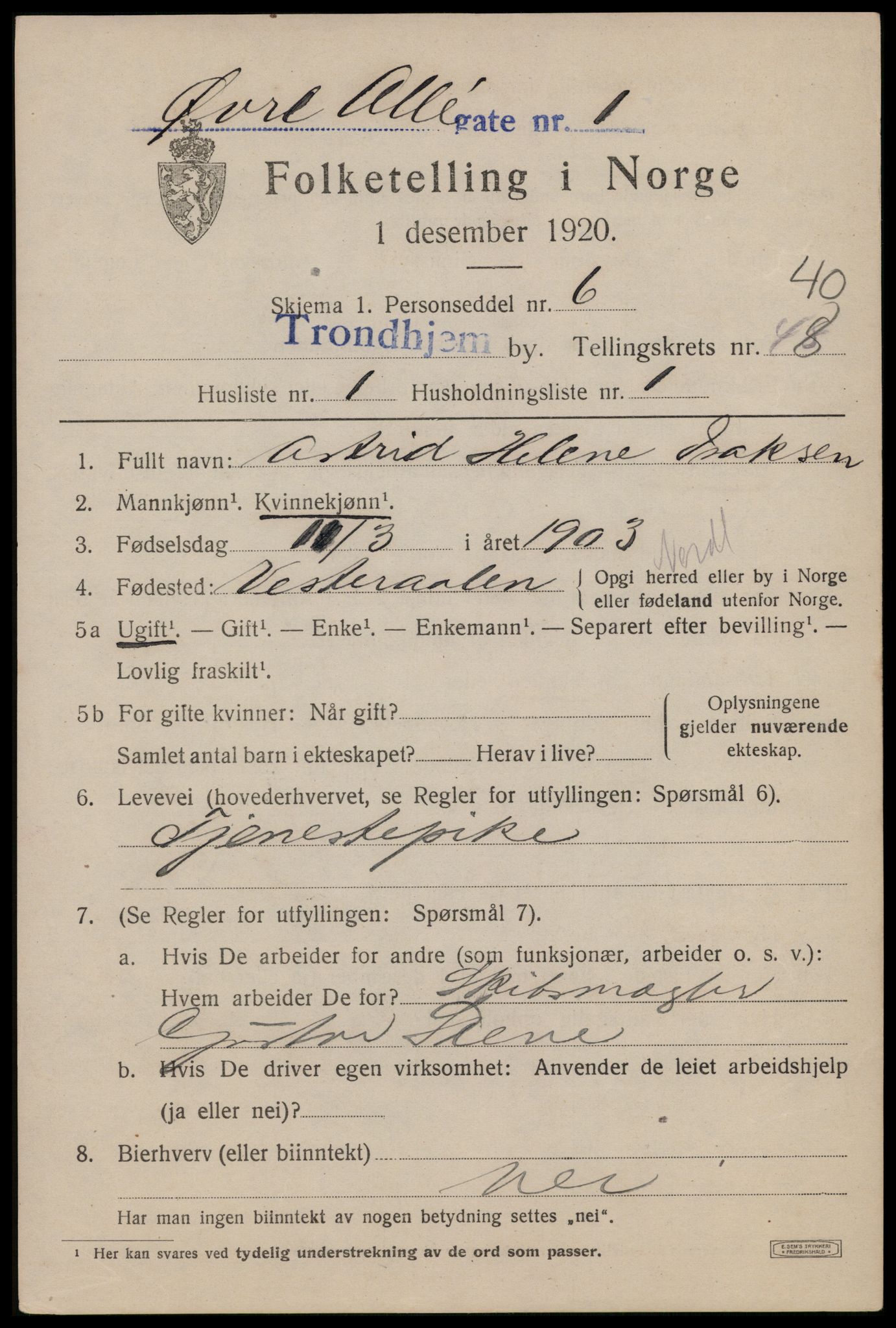 SAT, 1920 census for Trondheim, 1920, p. 89424