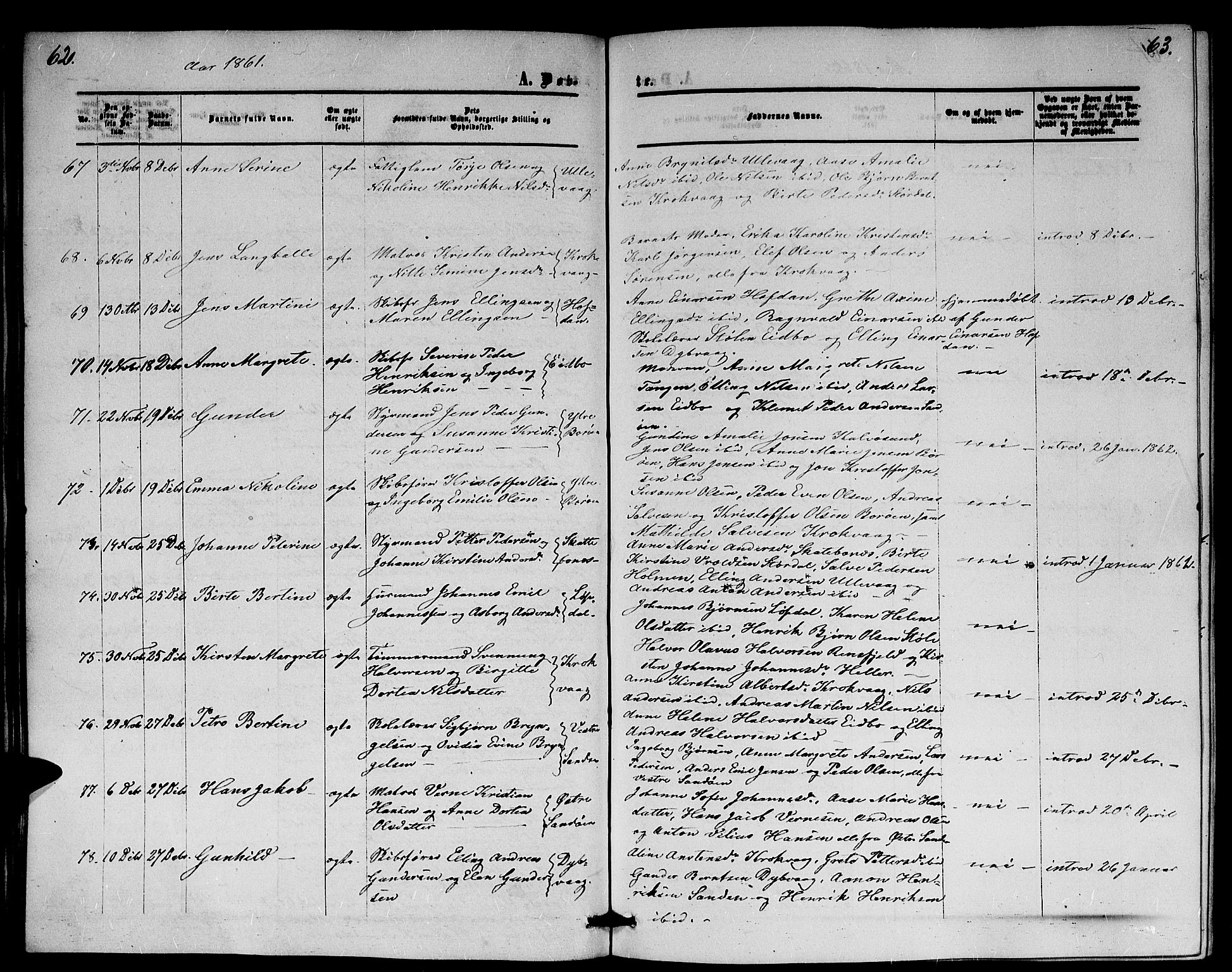 Dypvåg sokneprestkontor, AV/SAK-1111-0007/F/Fb/Fba/L0011: Parish register (copy) no. B 11, 1857-1872, p. 62-63