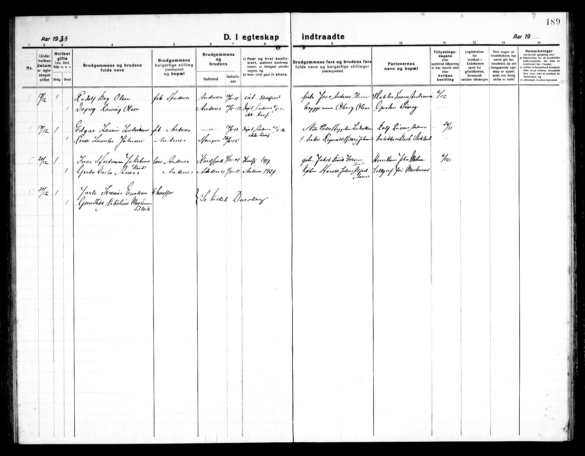 Ministerialprotokoller, klokkerbøker og fødselsregistre - Nordland, SAT/A-1459/899/L1450: Parish register (copy) no. 899C05, 1918-1945, p. 189