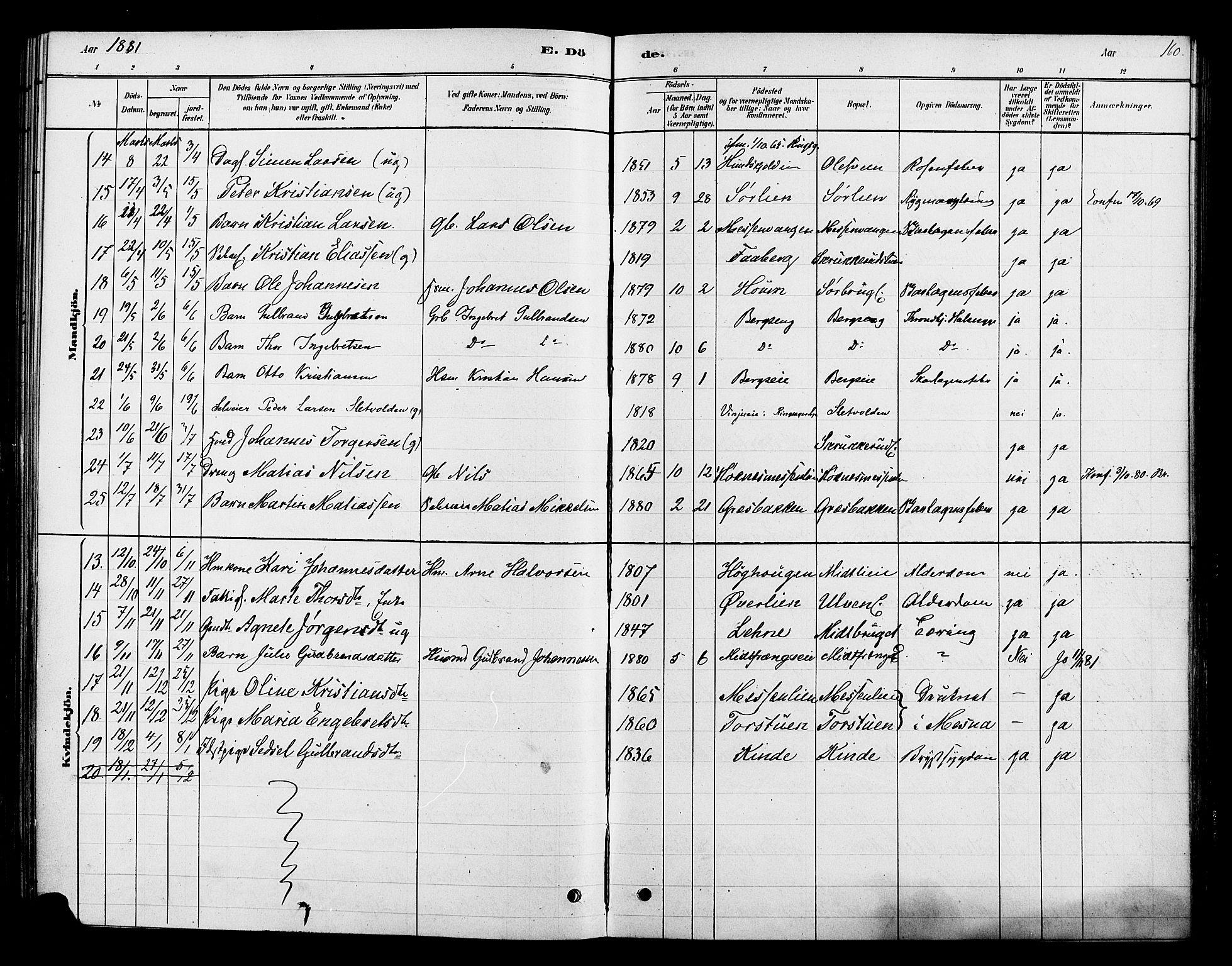 Ringsaker prestekontor, SAH/PREST-014/K/Ka/L0013: Parish register (official) no. 13, 1879-1890, p. 160