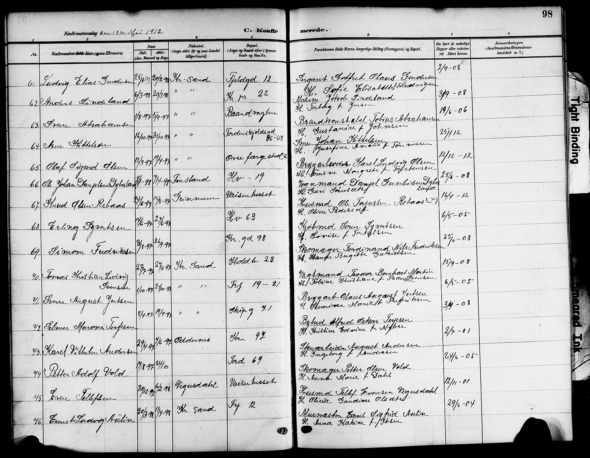 Kristiansand domprosti, SAK/1112-0006/F/Fb/L0020: Parish register (copy) no. B 20, 1906-1915, p. 98