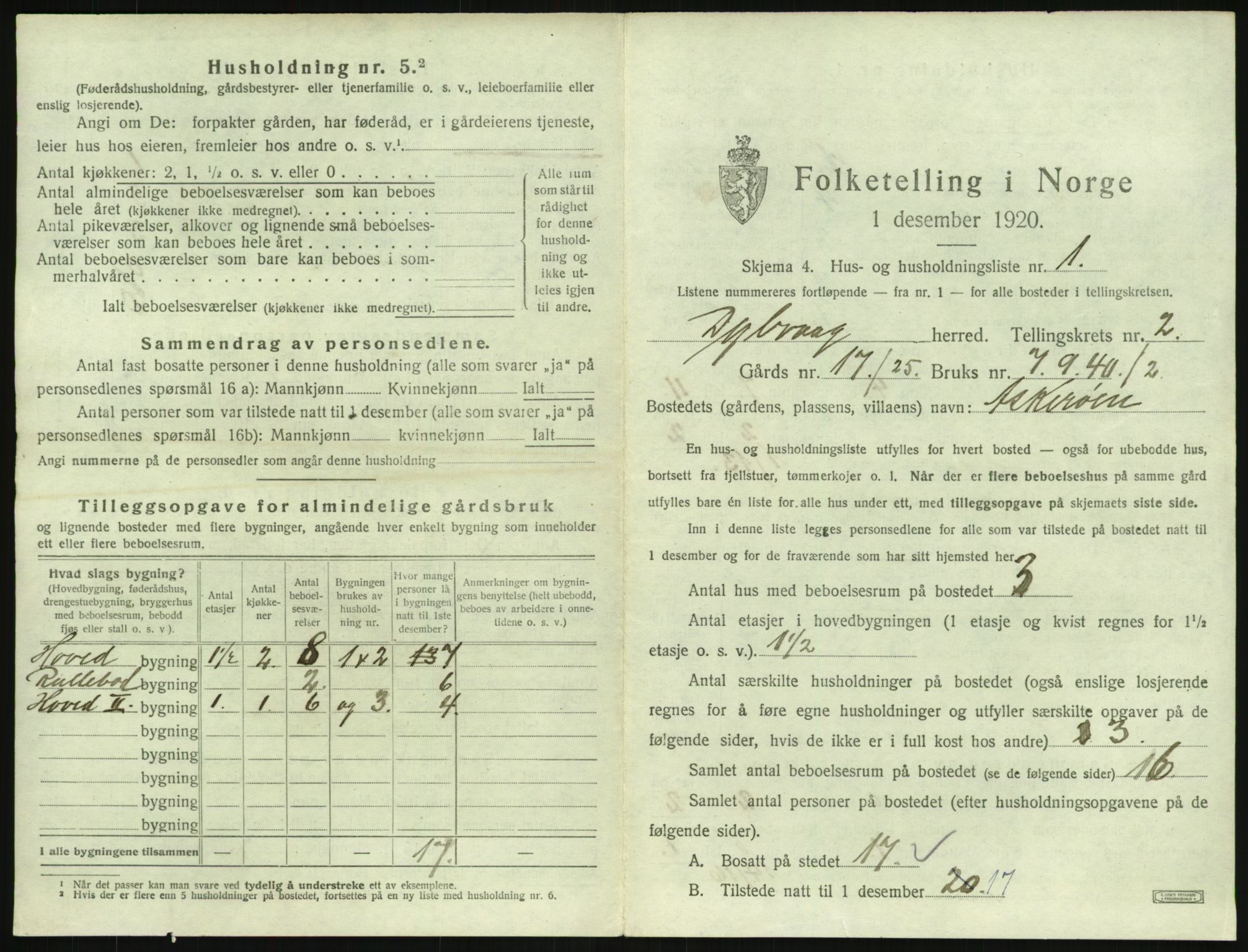 SAK, 1920 census for Dypvåg, 1920, p. 245