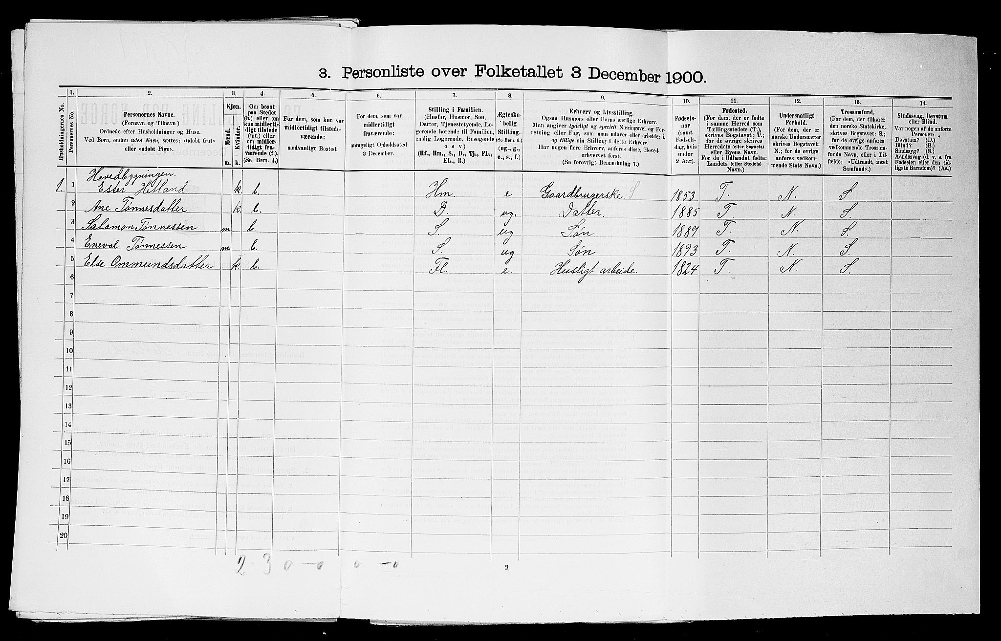 SAST, 1900 census for Bjerkreim, 1900, p. 101