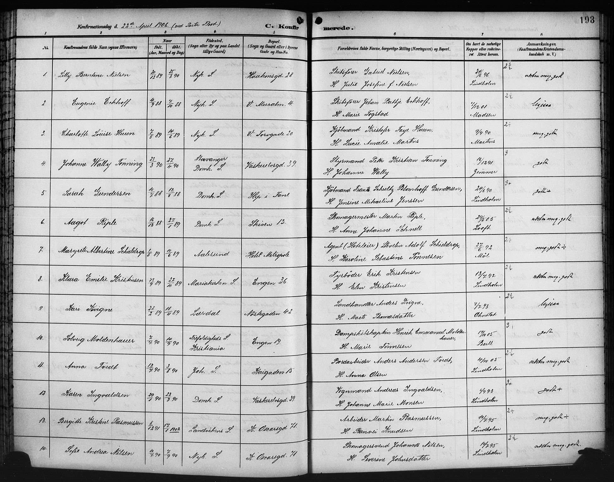 Domkirken sokneprestembete, SAB/A-74801/H/Hab/L0025: Parish register (copy) no. C 5, 1899-1916, p. 193