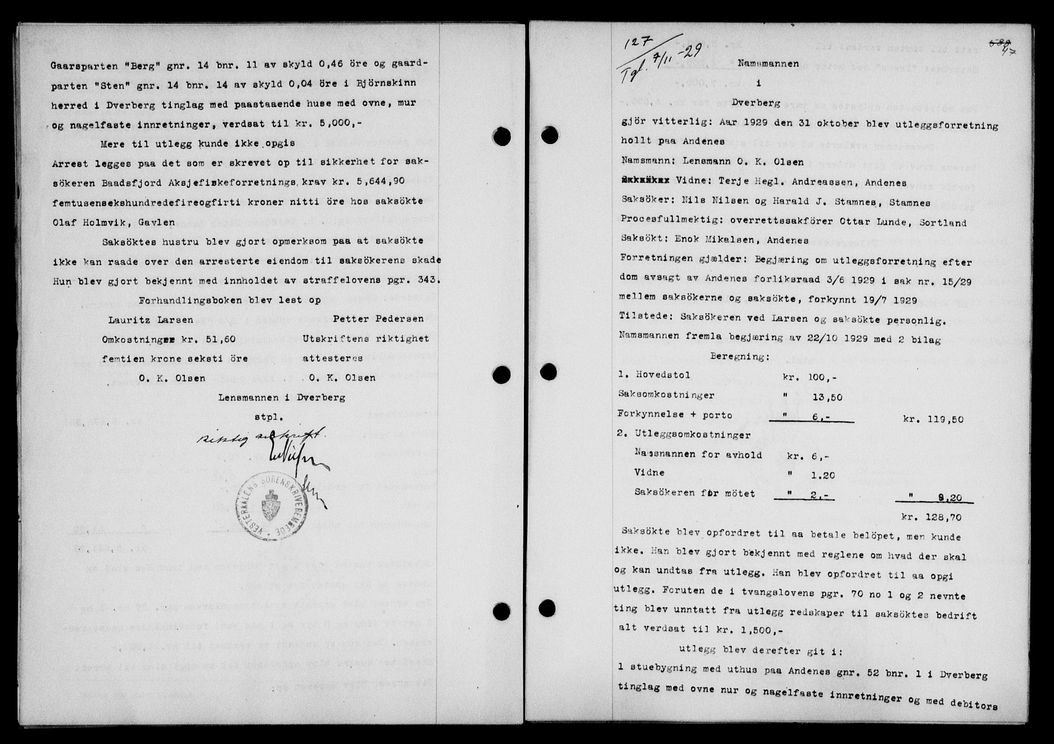 Vesterålen sorenskriveri, SAT/A-4180/1/2/2Ca/L0050: Mortgage book no. 43, 1929-1930, Deed date: 07.11.1929