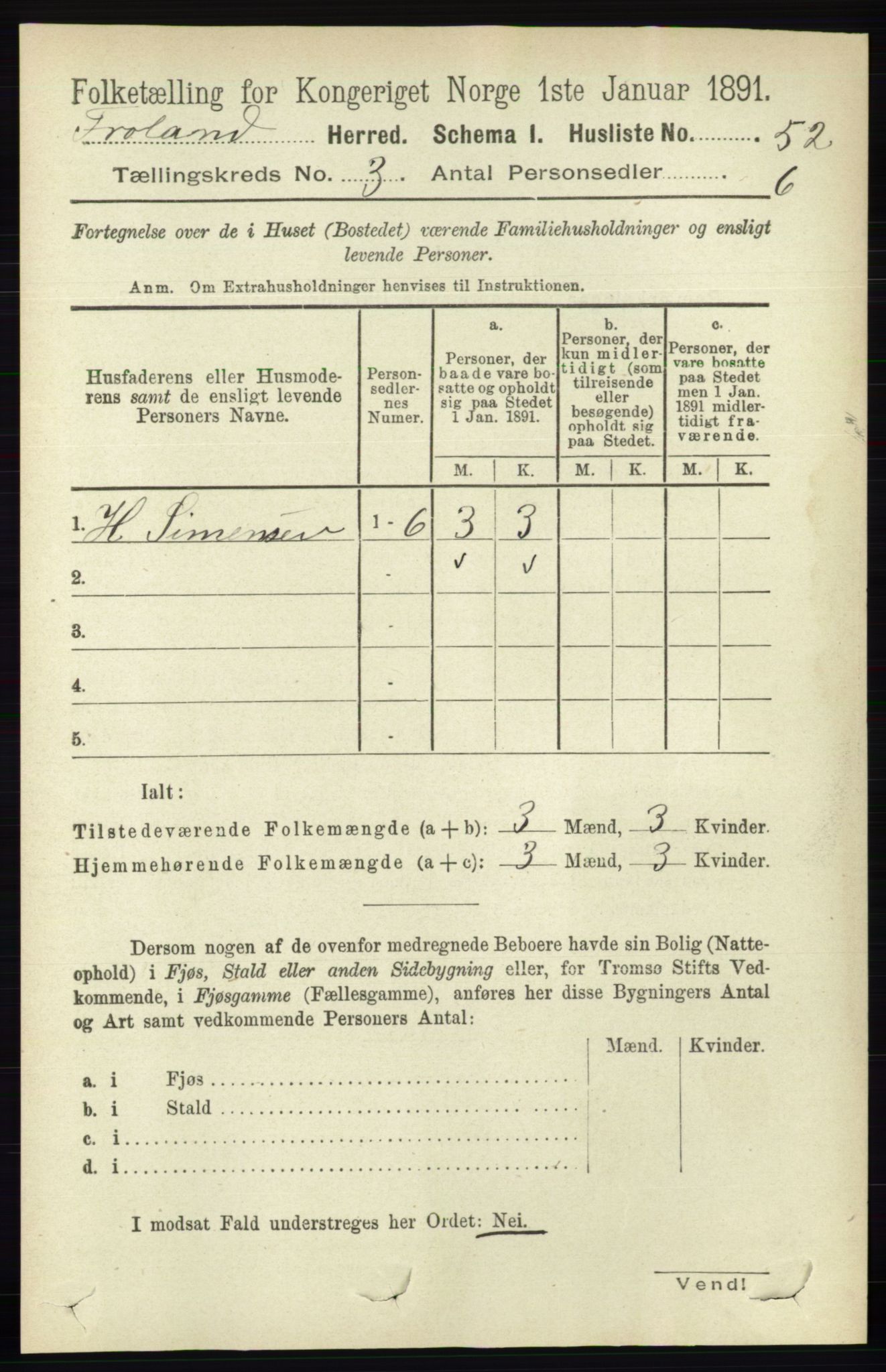 RA, 1891 census for 0919 Froland, 1891, p. 1010