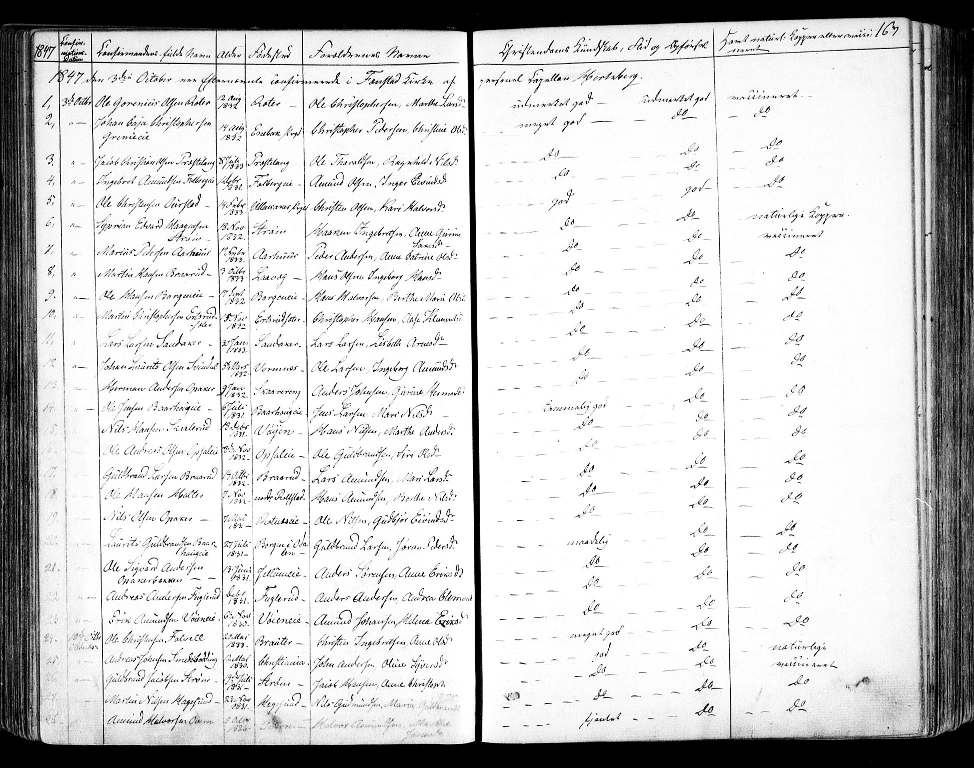 Nes prestekontor Kirkebøker, AV/SAO-A-10410/F/Fa/L0007: Parish register (official) no. I 7, 1846-1858, p. 167