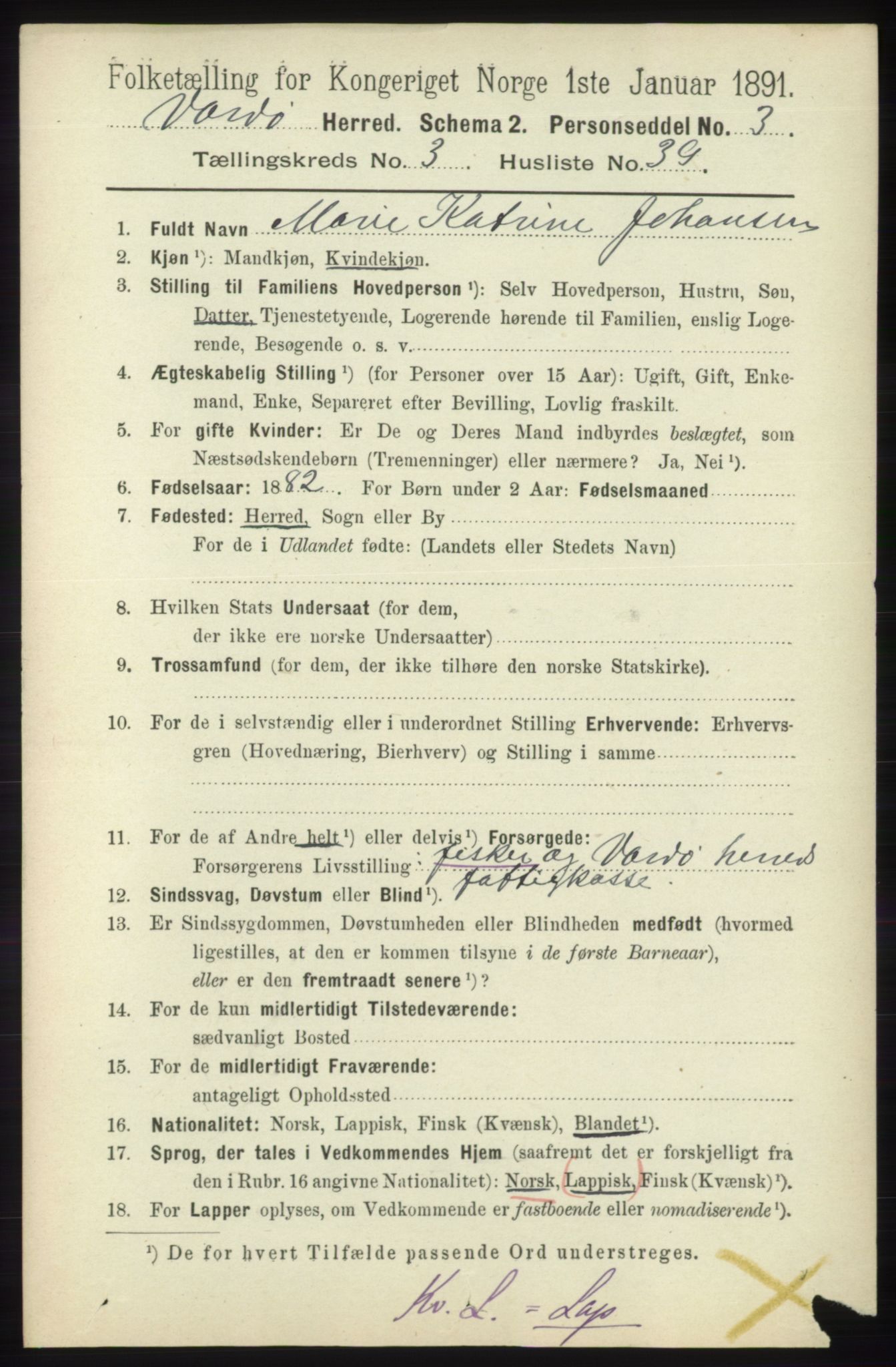 RA, 1891 census for 2028 Vardø, 1891, p. 1051