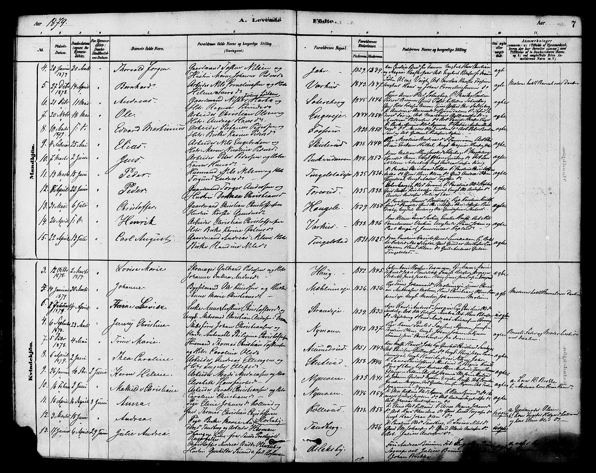 Modum kirkebøker, AV/SAKO-A-234/F/Fa/L0015: Parish register (official) no. 15 /1, 1877-1889, p. 7
