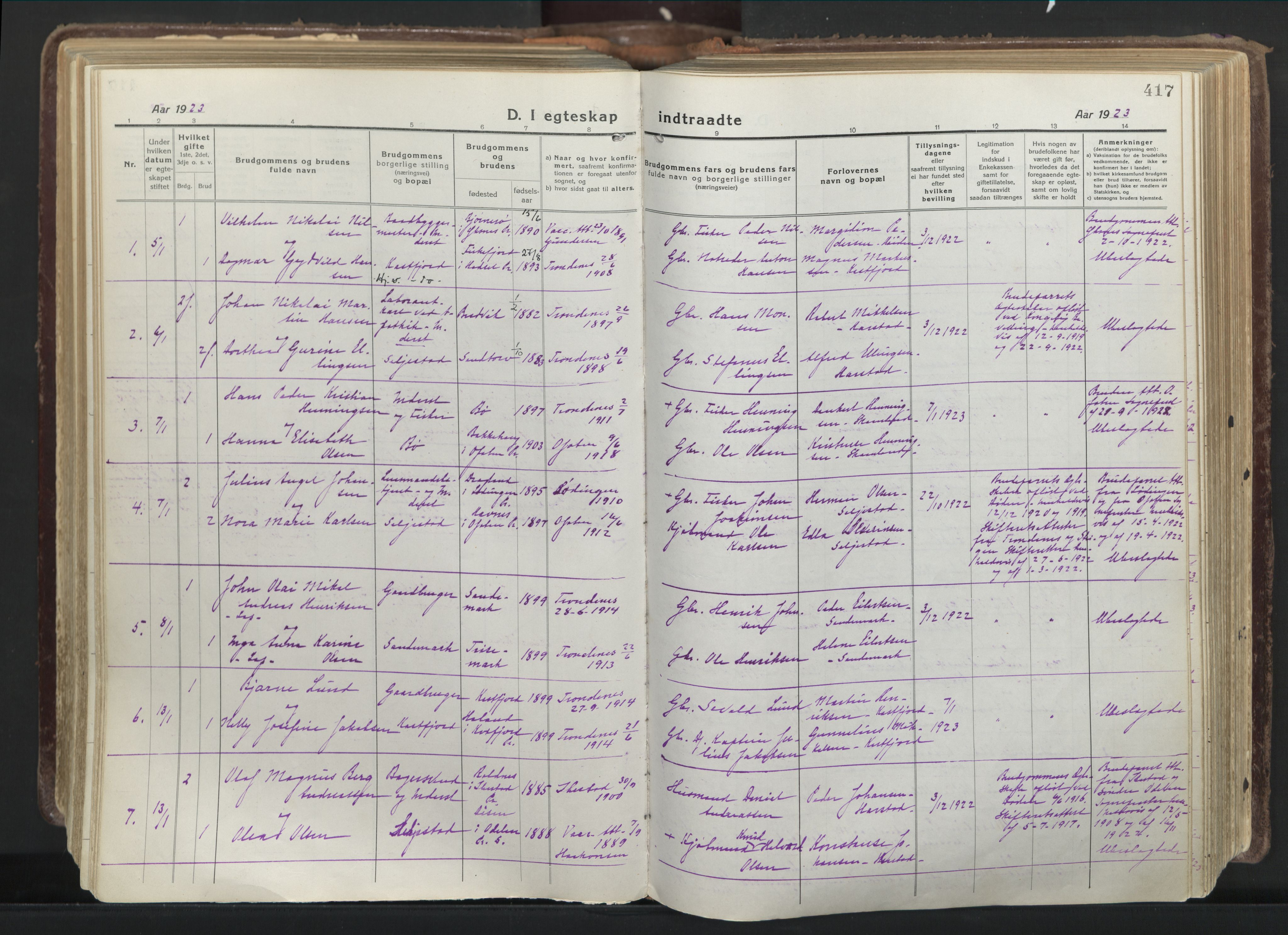 Trondenes sokneprestkontor, SATØ/S-1319/H/Ha/L0019kirke: Parish register (official) no. 19, 1919-1928, p. 417