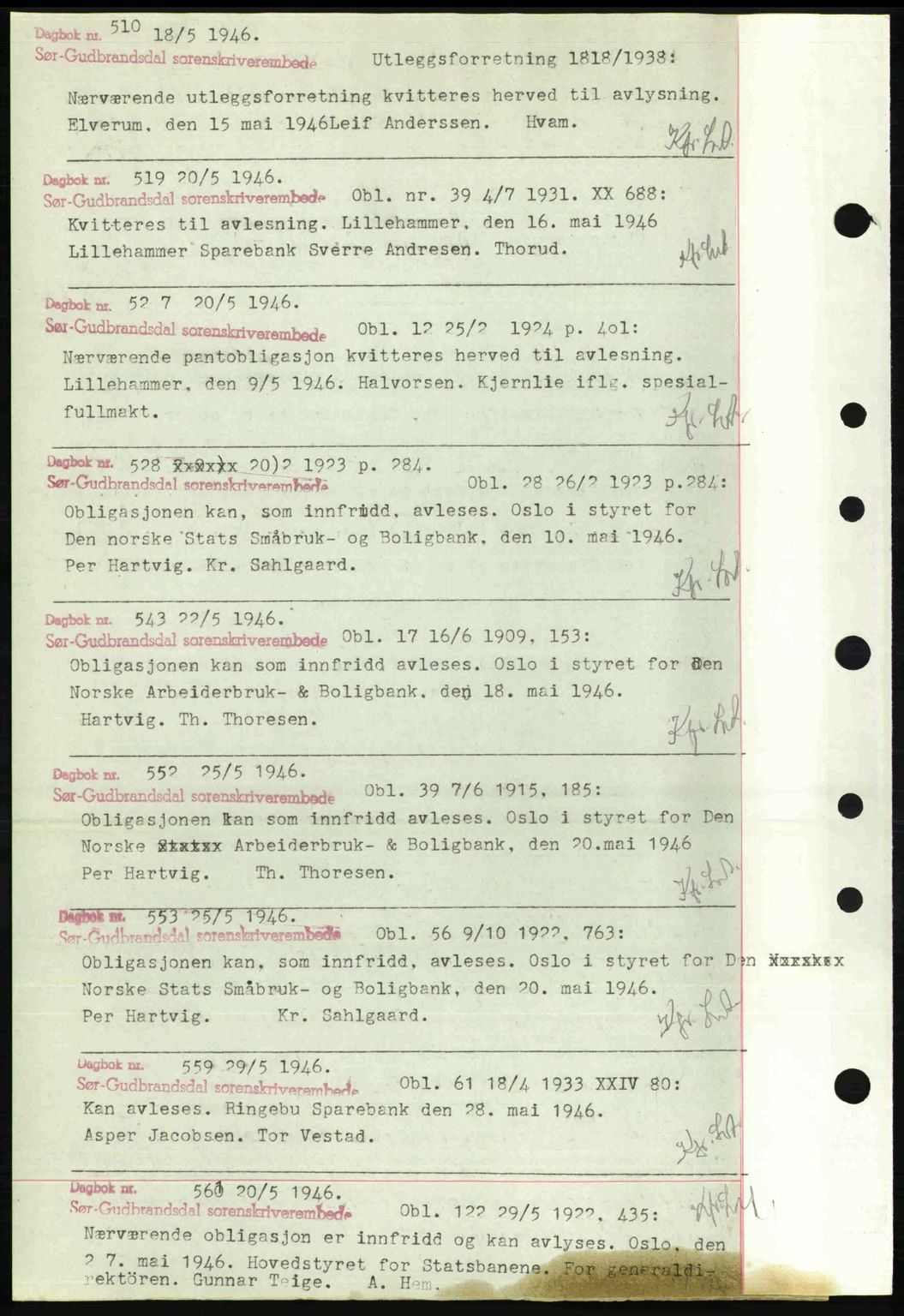 Sør-Gudbrandsdal tingrett, SAH/TING-004/H/Hb/Hbf/L0002: Mortgage book no. C1, 1938-1951, Diary no: : 510/1946
