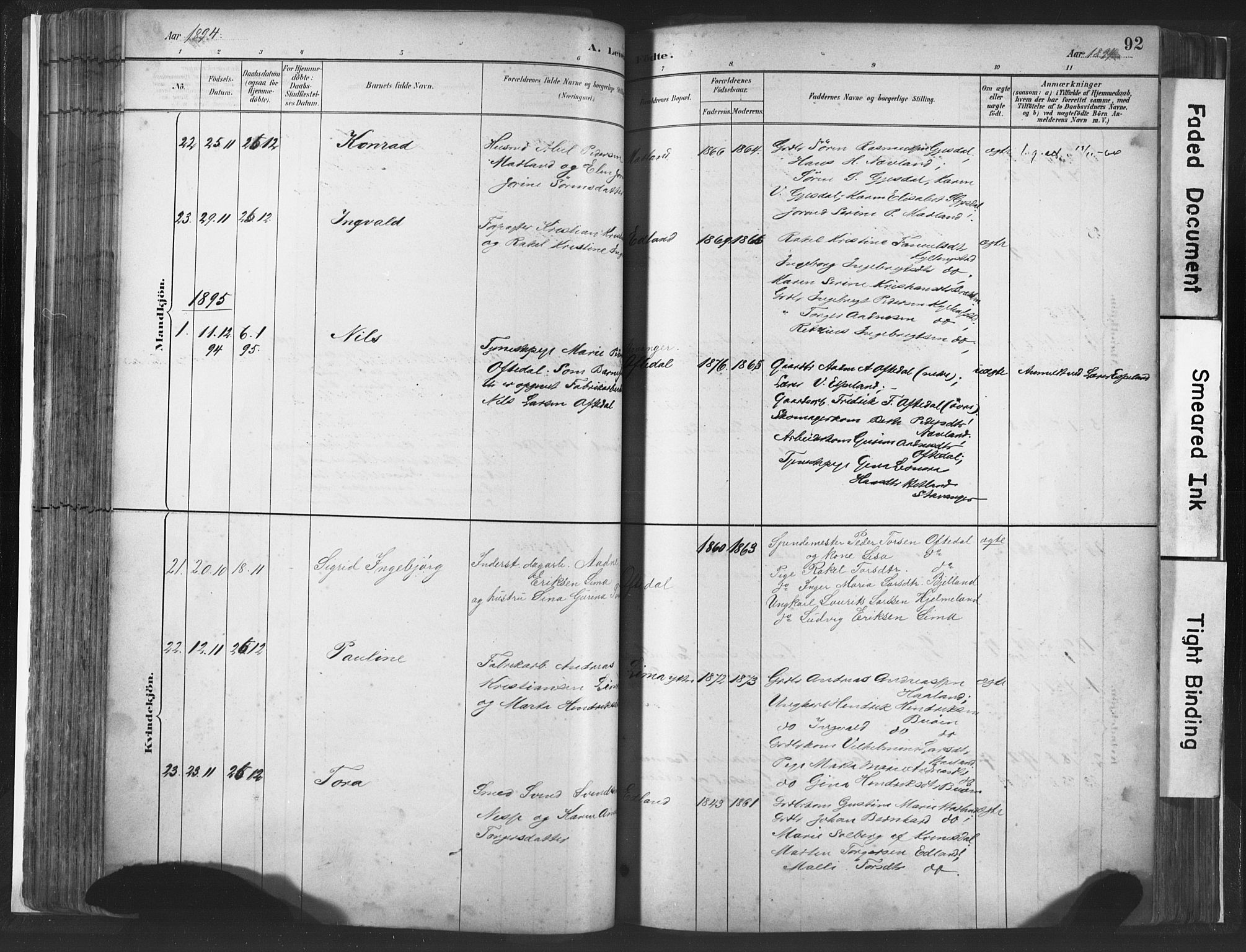 Lye sokneprestkontor, SAST/A-101794/001/30BA/L0010: Parish register (official) no. A 10, 1881-1896, p. 92