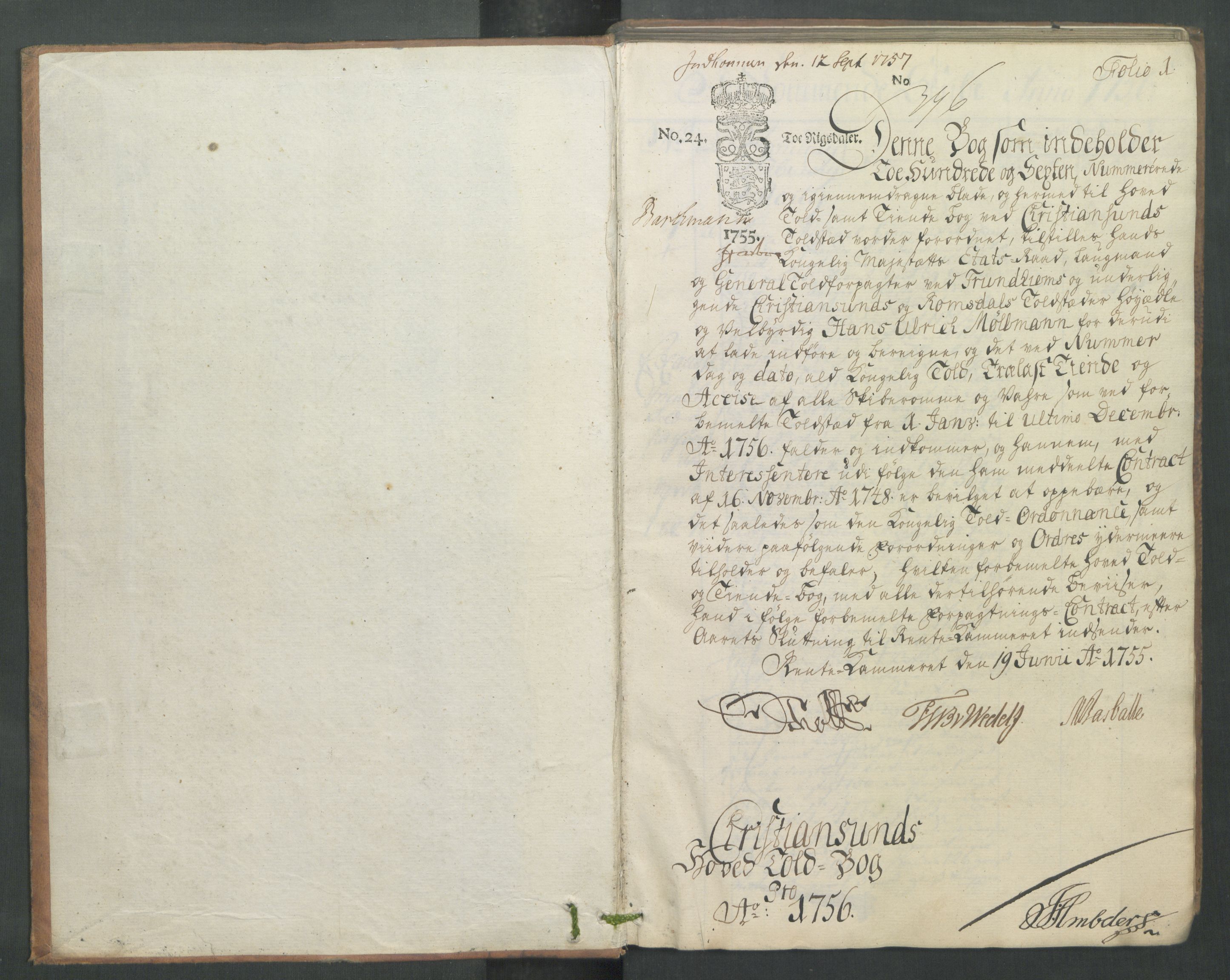 Generaltollkammeret, tollregnskaper, RA/EA-5490/R32/L0013/0001: Tollregnskaper Kristiansund / Hovedtollbok, 1756, p. 1a